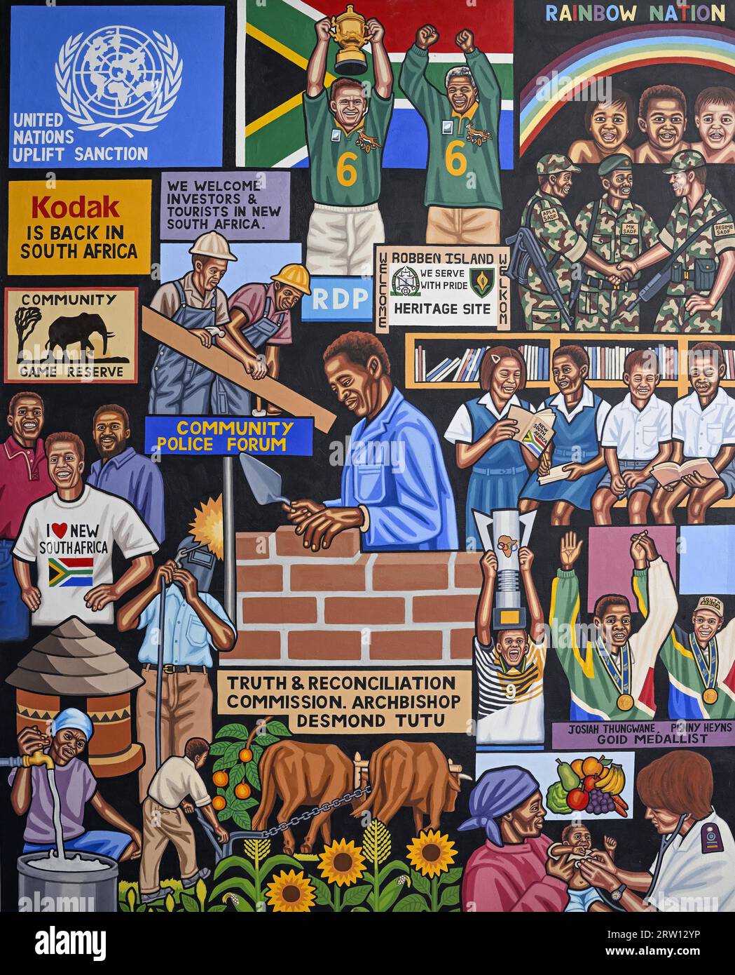 Artwork by artist Sipho Ndlovu on the history of South Africa, apartheid, Constitutional Court, Constitution Hill, Hillbrow, Johannesburg, Gauteng Stock Photo
