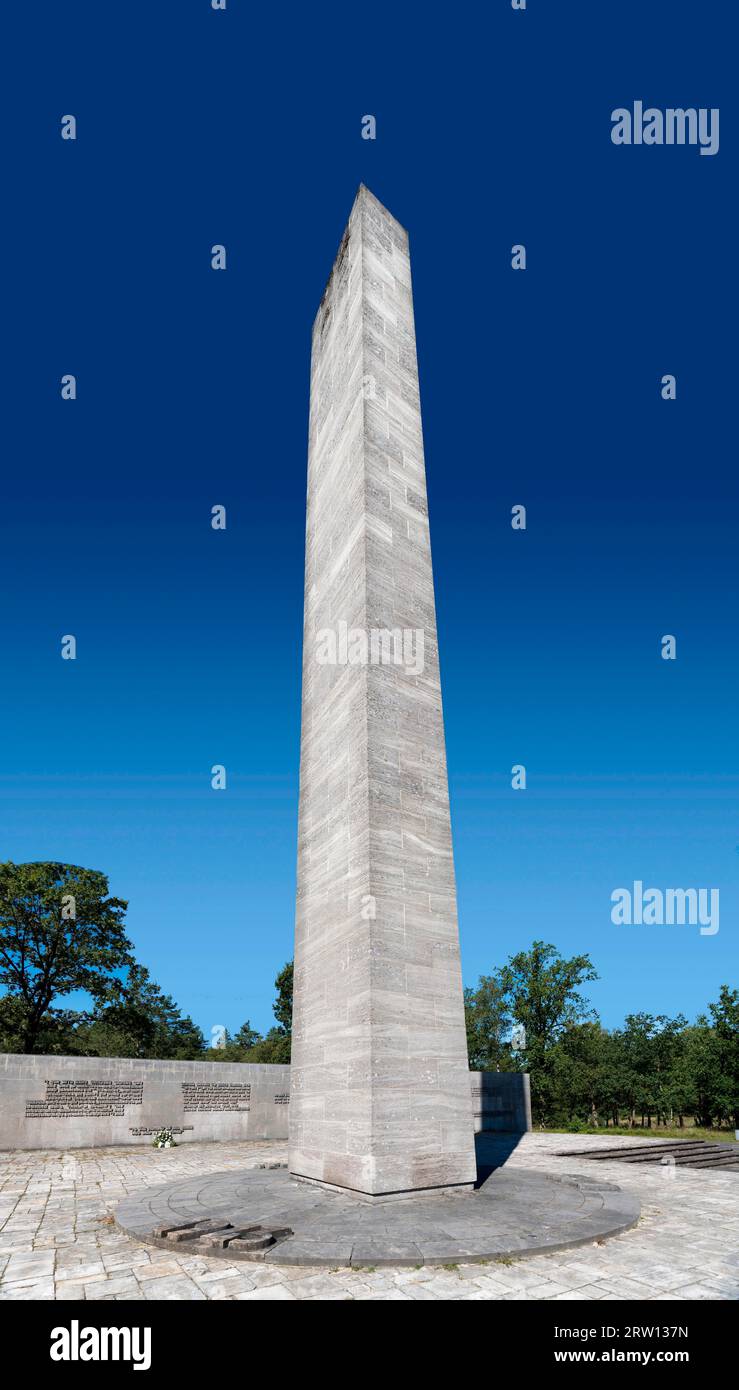 Stele, Memorial, Bergen-Belsen Concentration Camp, Lower Saxony, Germany Stock Photo