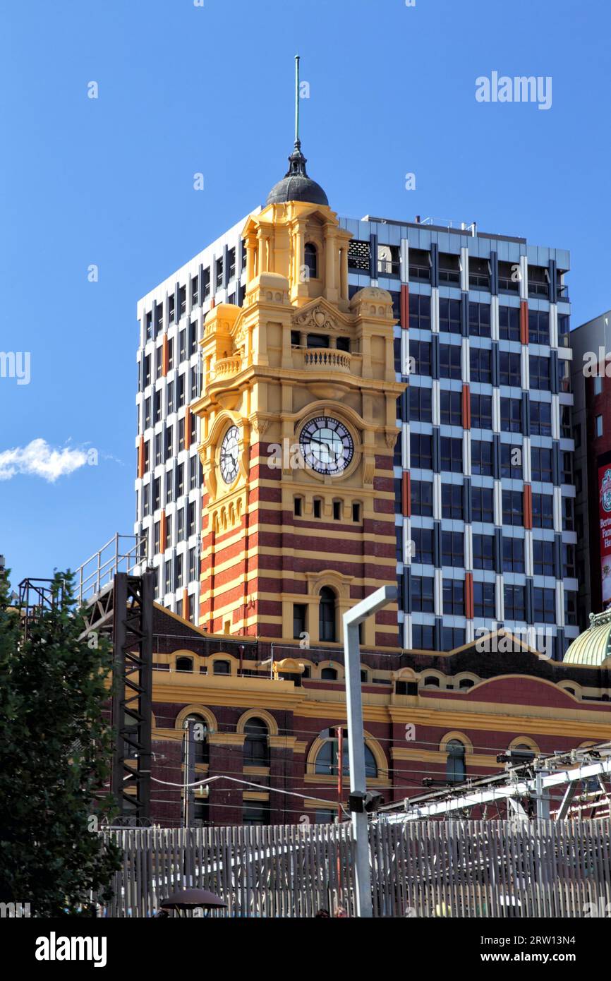 Flinders Street Station clock tower in Melbourne, Victoria, Australia, on a beautiful summer day Stock Photo