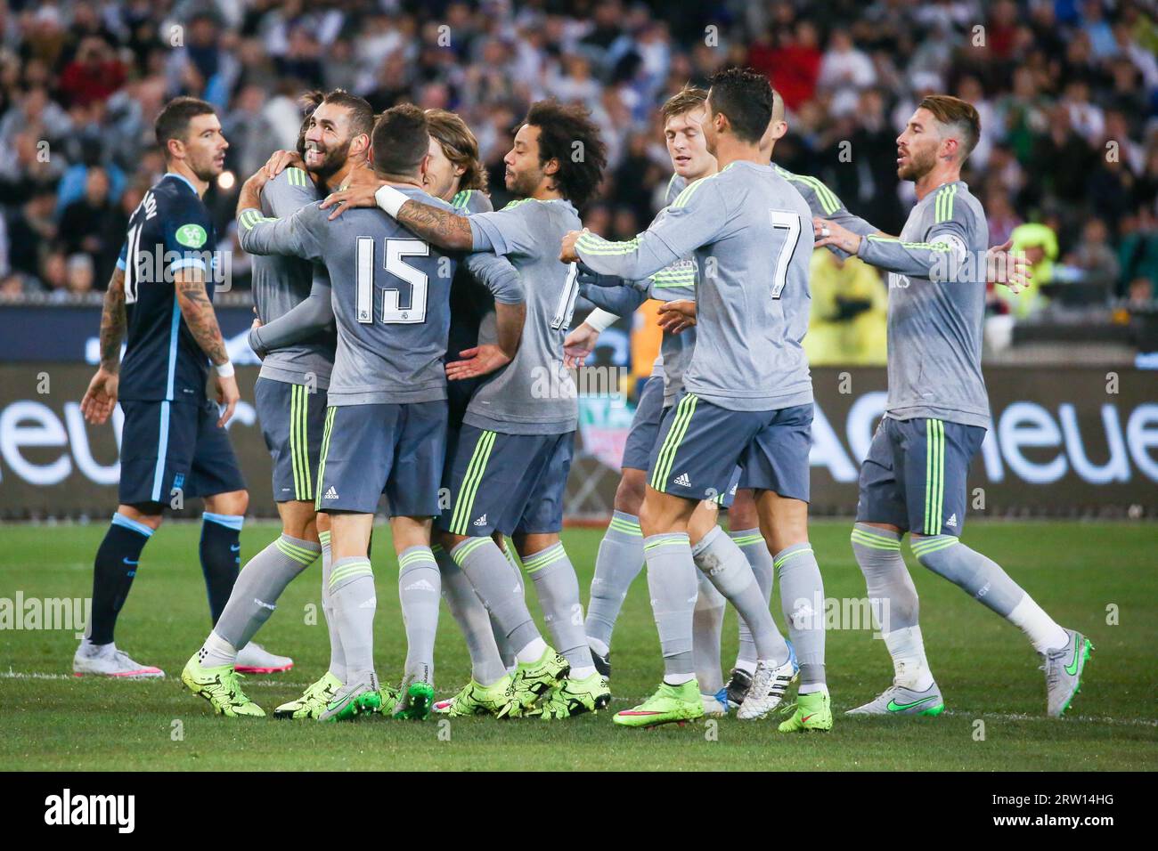 MELBOURNE, AUSTRALIA, JULY 24: Real Madrid celebrate Karim Benzema's goal in match 3 of the 2015 International Champions Cup Stock Photo