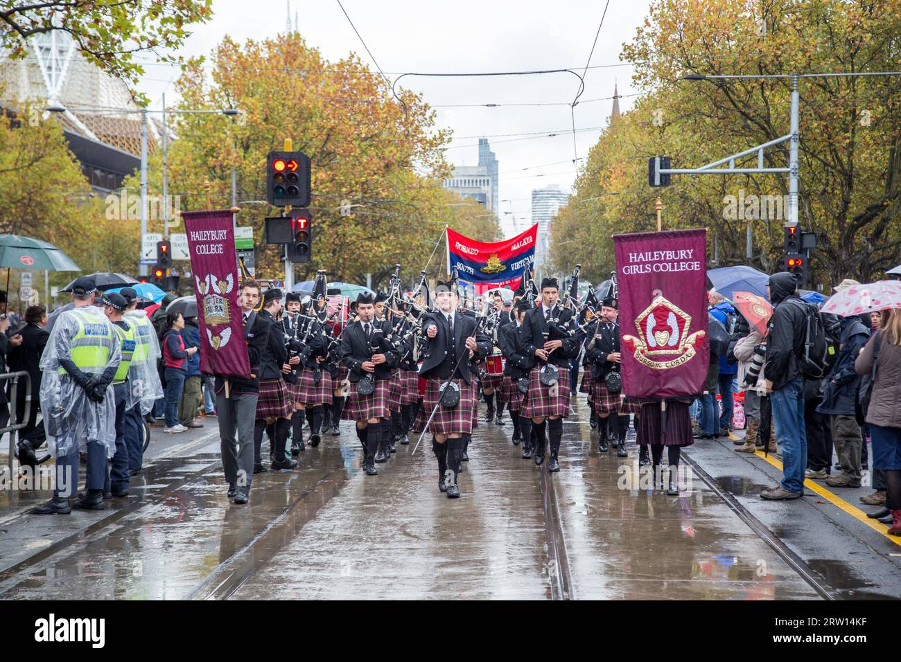 Melbourne, Australia, April 25, 2015 A military marching band in kilts