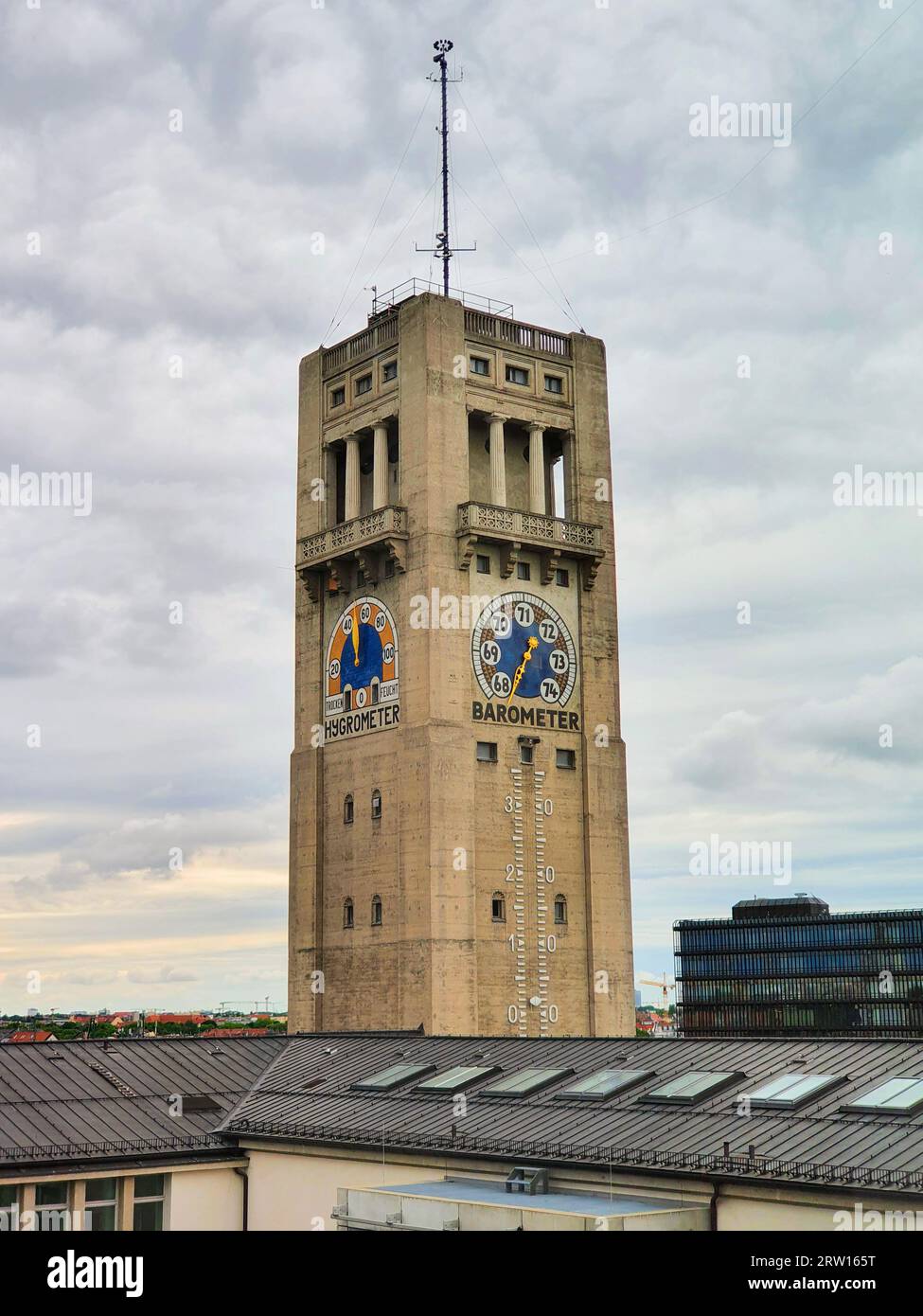 Munich, Germany - July 07, 2021: Deutsches Museum or German Museum of Masterpieces of Science and Technology tower with thermometer, barometer and hyg Stock Photo