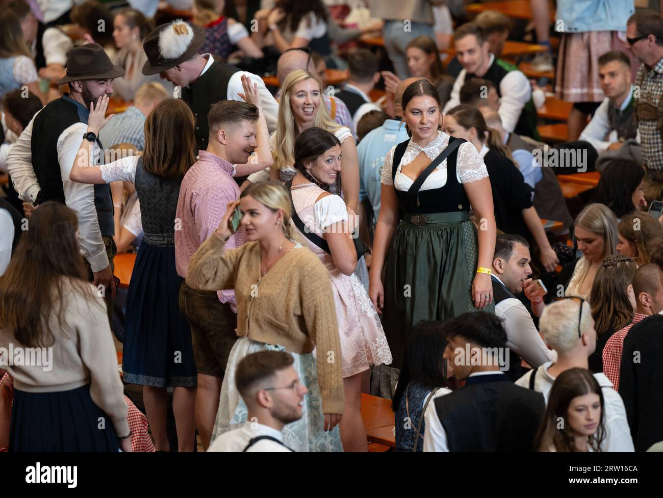 Munich, Germany. 16th Sep, 2023. Kick-off of the Oktoberfest. The first visitors sit in a beer tent. The 188th Wiesn takes place this year from 16.09.- 03.10.2023. Credit: Sven Hoppe/dpa/Alamy Live News Stock Photo