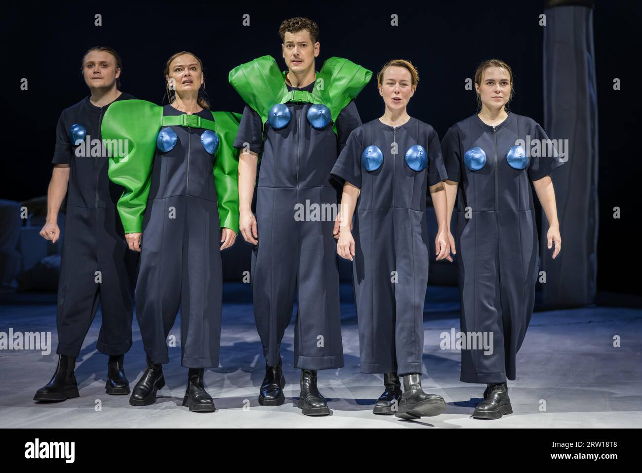 Cottbus, Germany. 13th Sep, 2023. Actors Johannes Scheidweiler (l-r), Sigrun Fischer, Markus Paul, Sophie Bock and Juli Niemann stand on stage as the band of robbers during a photo rehearsal for the play 'Die Räuber'. The production based on the first German drama by Friedrich Schiller, in a version by director Pia Richter, is the first premiere of the Staatstheater Cottbus in the 23.24 season on Sept. 16, 2023. Credit: Frank Hammerschmidt/dpa/Alamy Live News Stock Photo