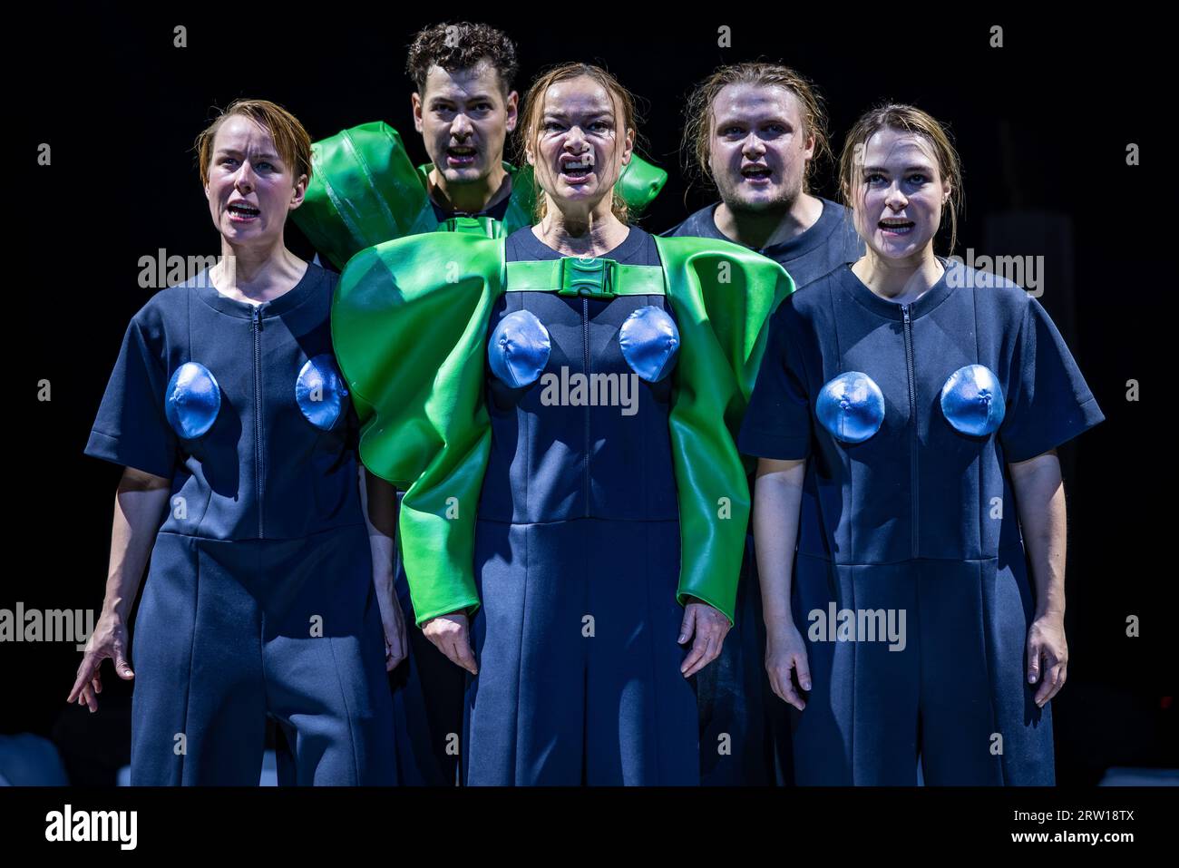 Cottbus, Germany. 13th Sep, 2023. Actors Sophie Bock (l-r), Markus Paul, Sigrun Fischer, Johannes Scheidweiler and Juli Niemann stand on stage as the band of robbers during a photo rehearsal for the play 'Die Räuber'. The production based on the first German drama by Friedrich Schiller, in a version by director Pia Richter, will be the first premiere of the Staatstheater Cottbus in the 23.24 season on Sept. 16, 2023. Credit: Frank Hammerschmidt/dpa/Alamy Live News Stock Photo