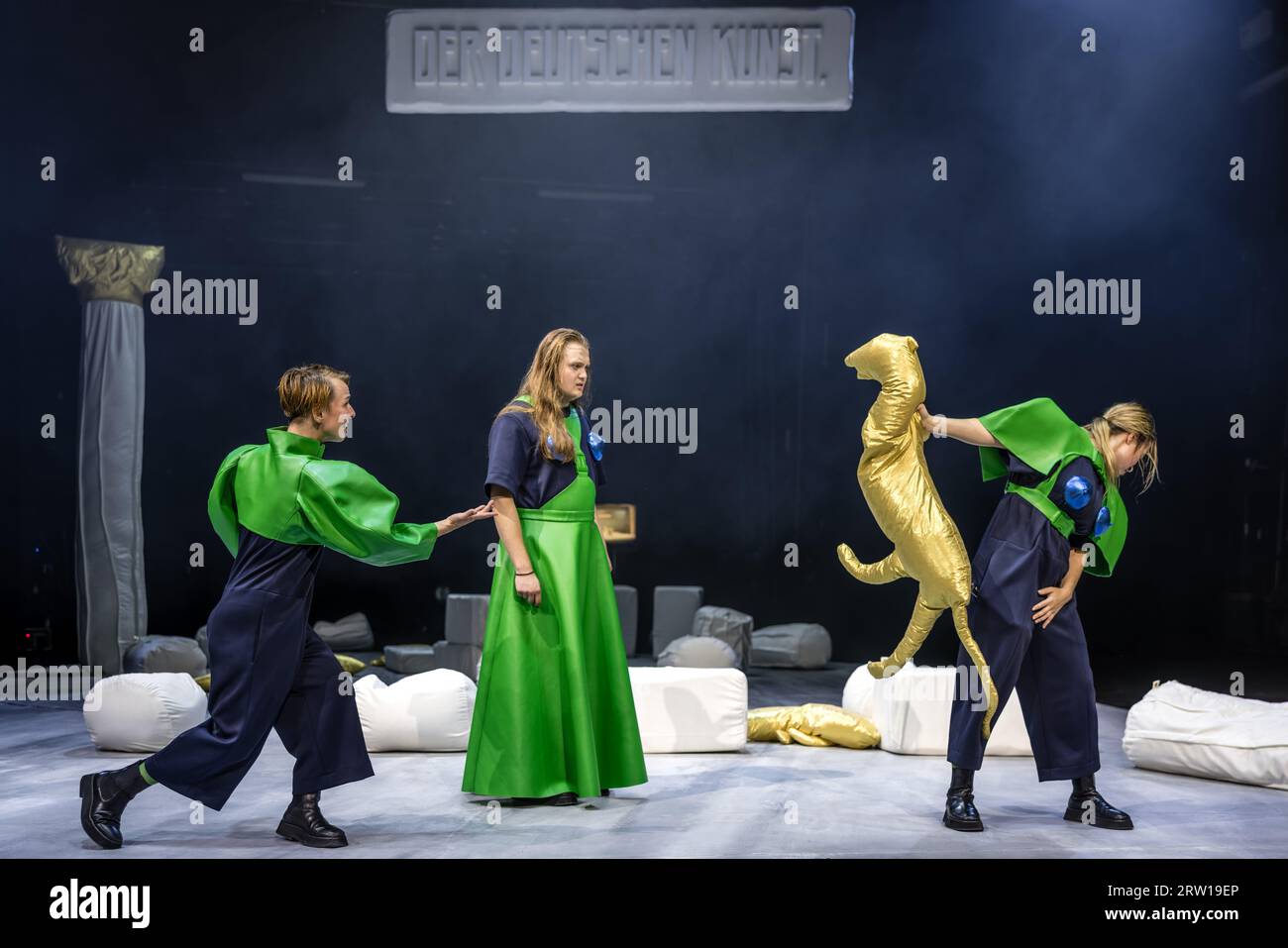 Cottbus, Germany. 13th Sep, 2023. Actors Sophie Bock (Franz Moor, l-r), Johannes Scheidweiler (Amalia von Edelreich) and Juli Niemann (Hermann) are on stage during a photo rehearsal for the play 'The Robbers'. The production based on the first German drama by Friedrich Schiller, in a version by director Pia Richter, will be Staatstheater Cottbus' first premiere of the 23.24 season on Sept. 16, 2023. Credit: Frank Hammerschmidt/dpa/Alamy Live News Stock Photo