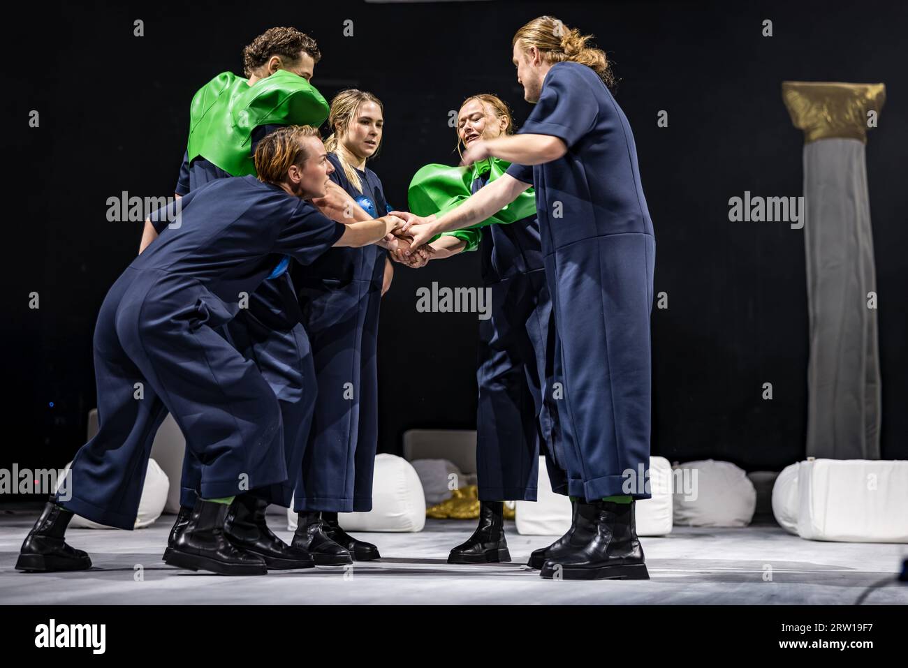 Cottbus, Germany. 13th Sep, 2023. Actors Sophie Bock (l-r), Markus Paul, Juli Niemann, Sigrun Fischer and Johannes Scheidweiler stand on stage as the band of robbers during a photo rehearsal for the play 'Die Räuber'. The production based on the first German drama by Friedrich Schiller, in a version by director Pia Richter, will be the first premiere of the Staatstheater Cottbus in the 23.24 season on Sept. 16, 2023. Credit: Frank Hammerschmidt/dpa/Alamy Live News Stock Photo
