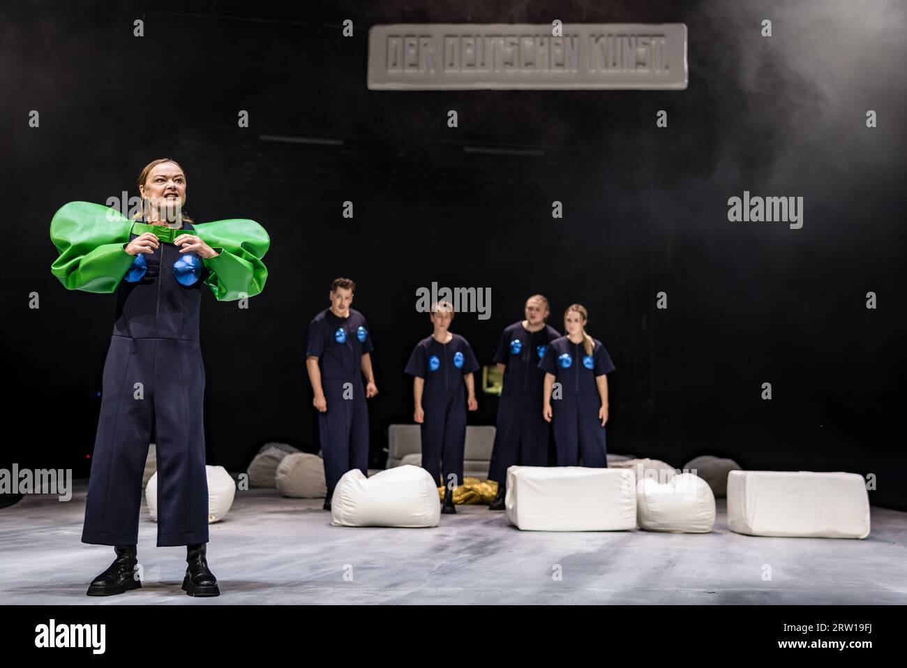 Cottbus, Germany. 13th Sep, 2023. Actors Sigrun Fischer (Karl Moor, l-r), Markus Paul (Spiegelberg), Sophie Bock (Franz Moor), Johannes Scheidweiler (Amalia von Edelreich) and Juli Niemann (Hermann) stand on stage during a photo rehearsal for the play 'The Robbers'. The production based on the first German drama by Friedrich Schiller, in a version by director Pia Richter, will be the first premiere at the Staatstheater Cottbus in the 23.24 season on Sept. 16, 2023. Credit: Frank Hammerschmidt/dpa/Alamy Live News Stock Photo
