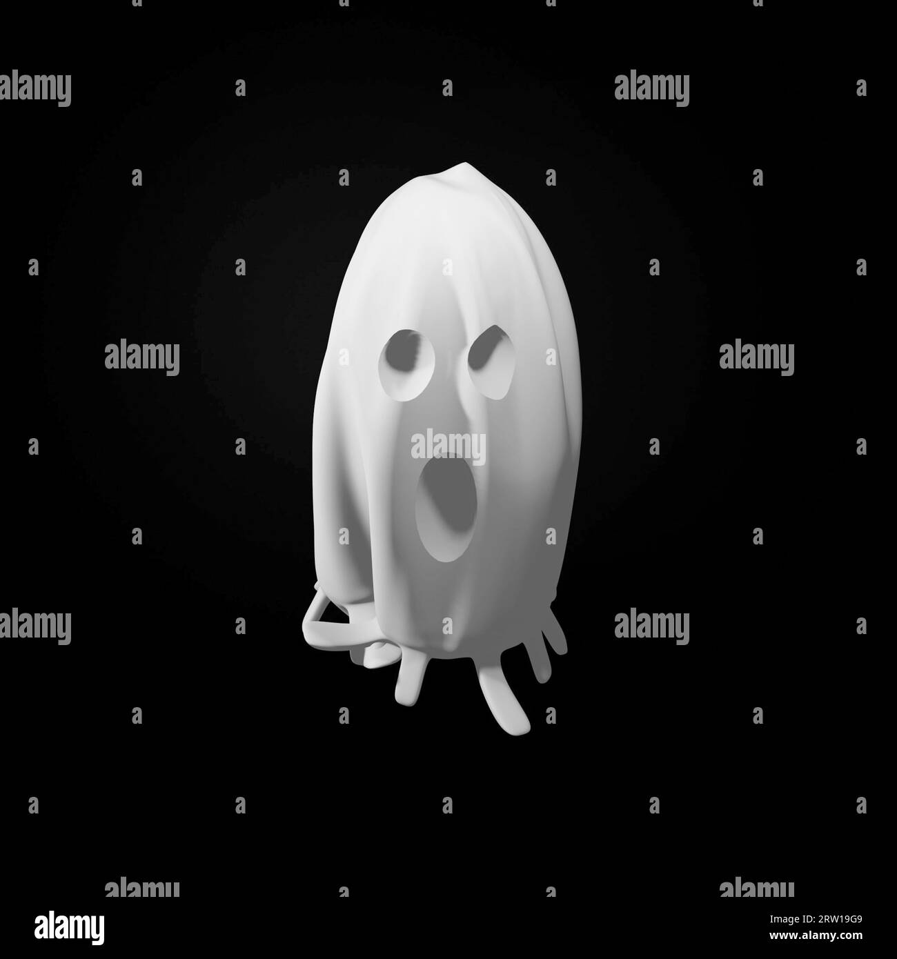 Spooky cute Halloween white ghost isolated on black background. 3D render illustration. Stock Photo