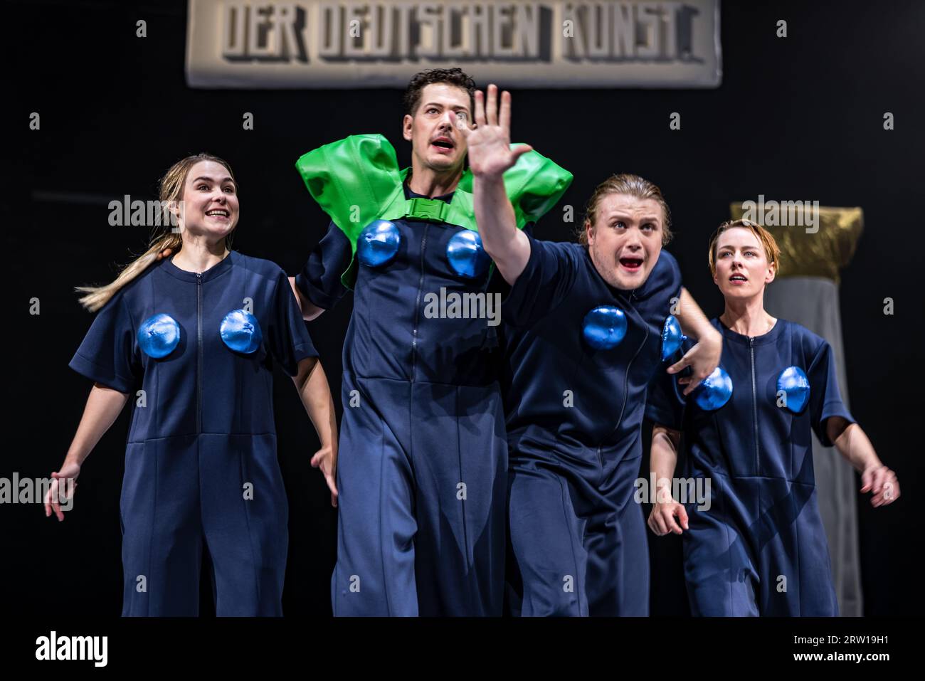 Cottbus, Germany. 13th Sep, 2023. Actors Juli Niemann (l-r), Markus Paul, Johannes Scheidweiler and Sophie Bock stand on stage as a gang of robbers during a photo rehearsal for the play 'Die Räuber'. The production based on the first German drama by Friedrich Schiller in a version by director Pia Richter is the first premiere of the Staatstheater Cottbus in the 23.24 season on Sept. 16, 2023. Credit: Frank Hammerschmidt/dpa/Alamy Live News Stock Photo