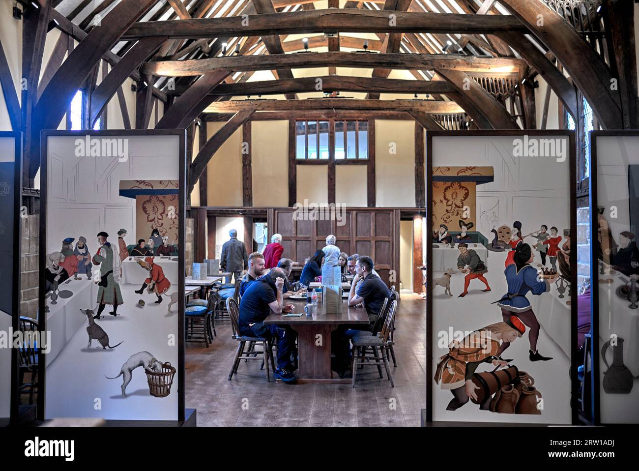 Brethrens Kitchen cafe oak beamed ceiling and dining hall at the Lord Leycester Hospital and residential rest home Warwick, England UK Stock Photo