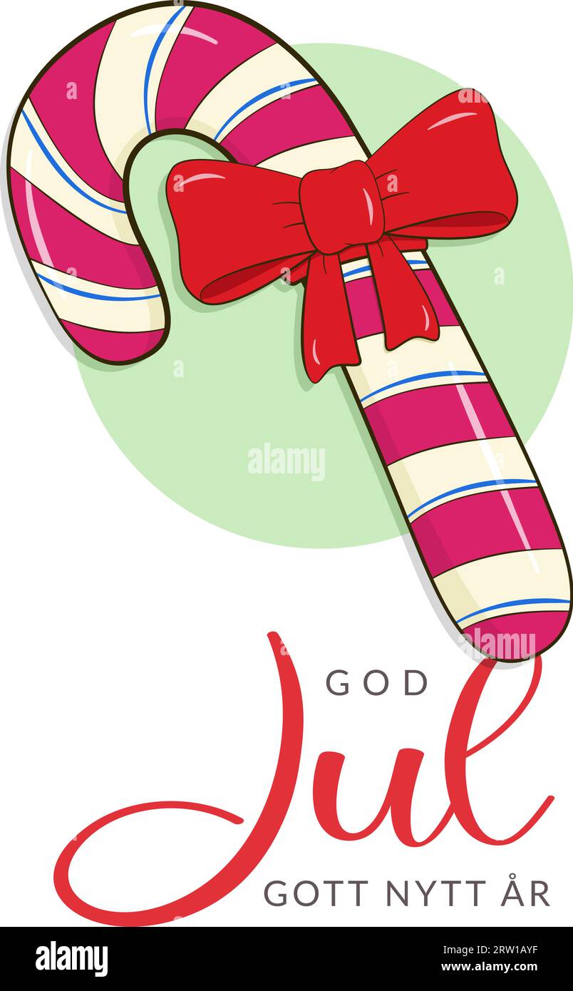 Christmas poster with lettering Merry Christmas and Happy New Year  in Swedish (God Jul och Gott Nytt År). Candy cane with a bow Stock Vector