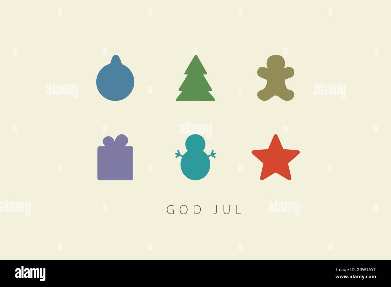 Greeting card with Merry Christmas lettering in Swedish (God Jul) and christmas decorations