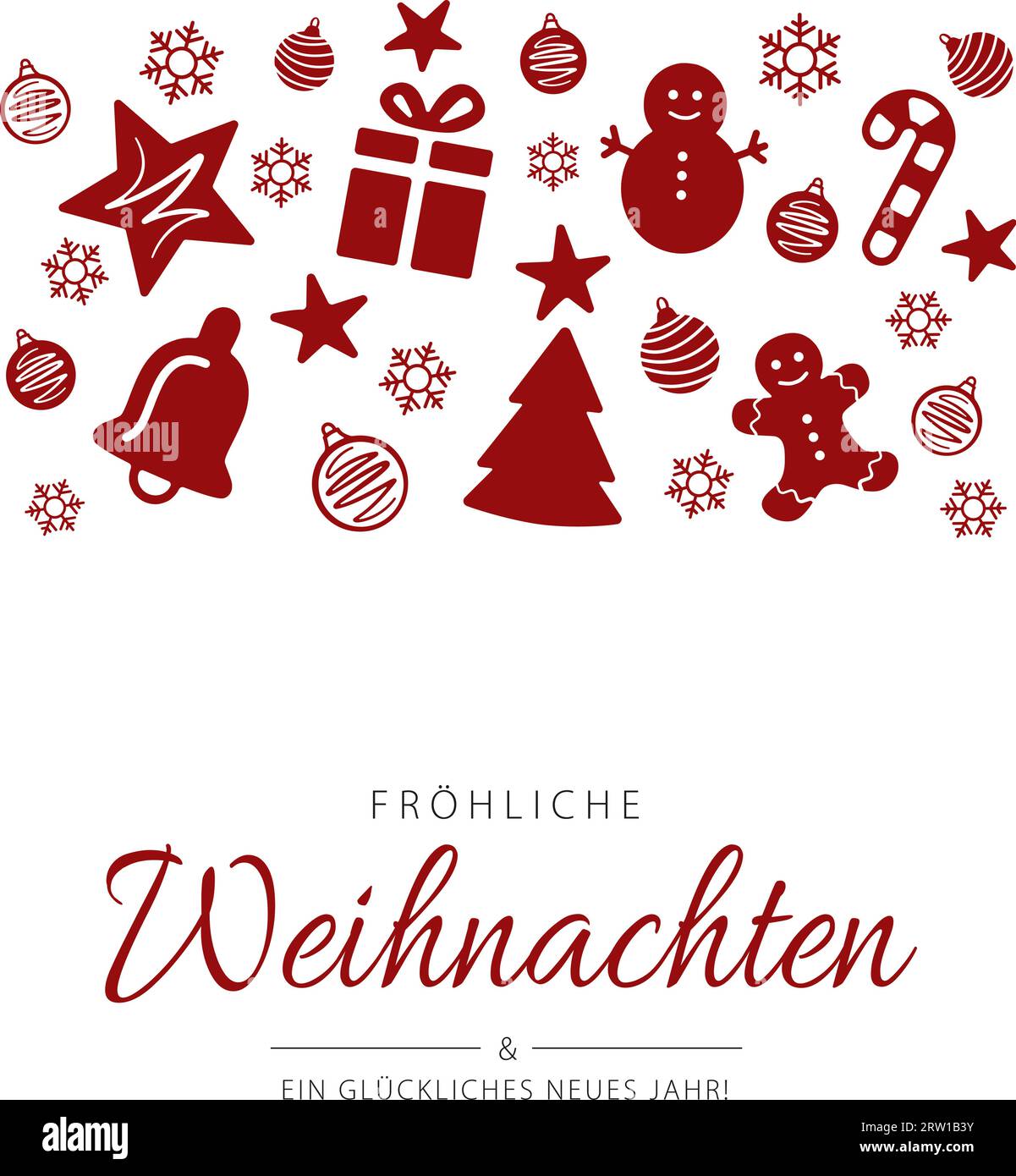 Merry Christmas and Happy New Year lettering  in German (Fröhliche Weihnachten und ein glückliches Neues Jahr) with christmas decorations Stock Vector