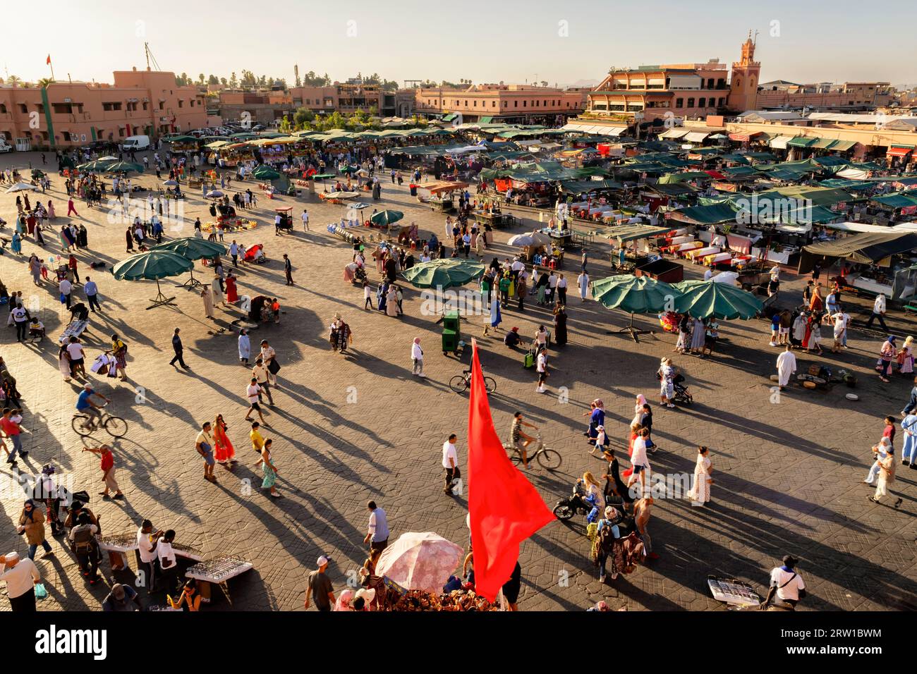 Sunset aerial view of Jemaa el-Fnaa square. Unesco world heritage site inside the Marrakech or Marrakesh Medina, Morocco. Stock Photo
