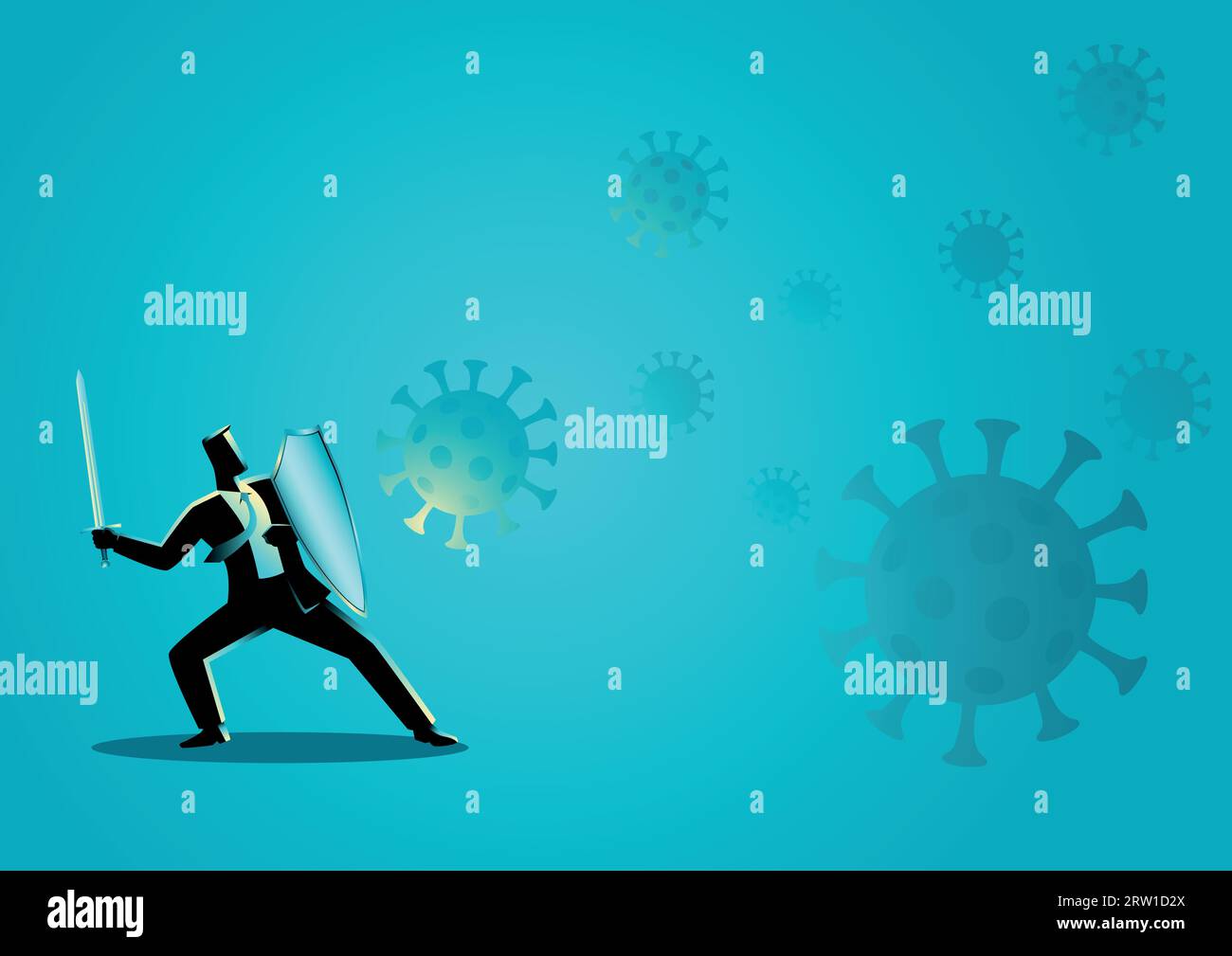 Vector illustration of businessman using shield and sword protecting himself from viruses Stock Vector