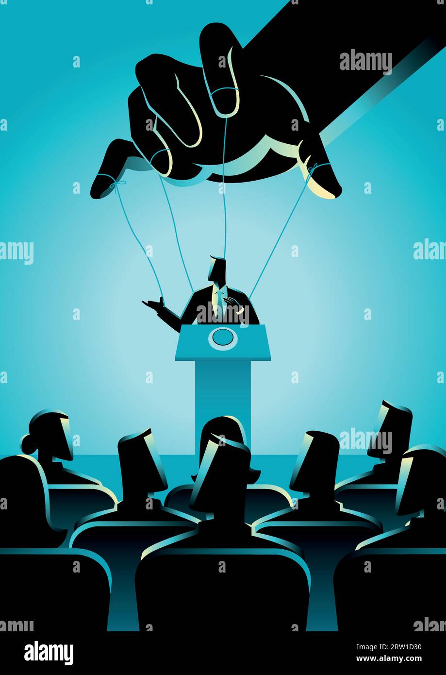 Vector illustration of a man on podium being controlled by puppet master. Corporation controls the politics concept Stock Vector