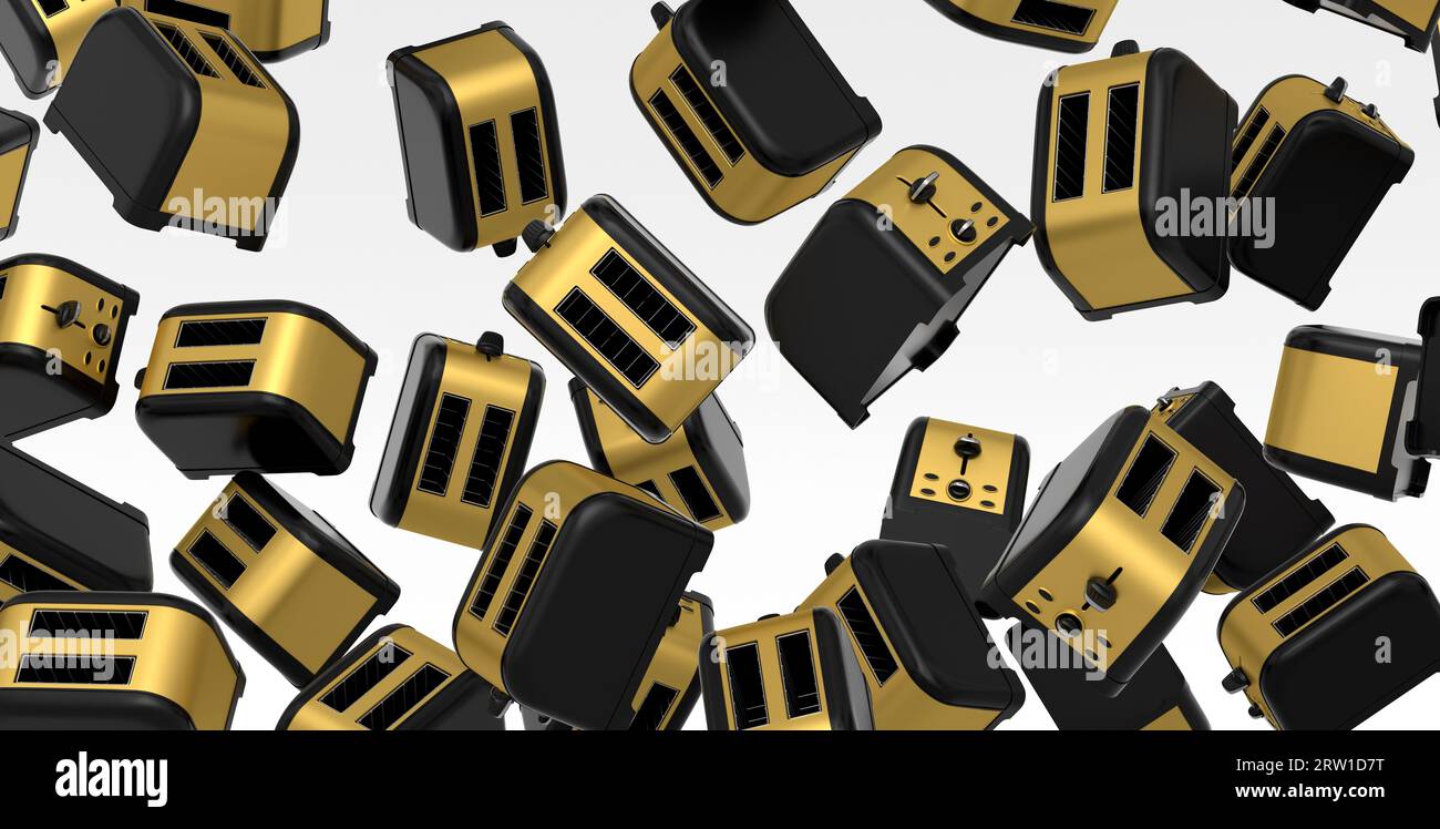 Many of flying stainless steel toaster for making toast bread on a ...