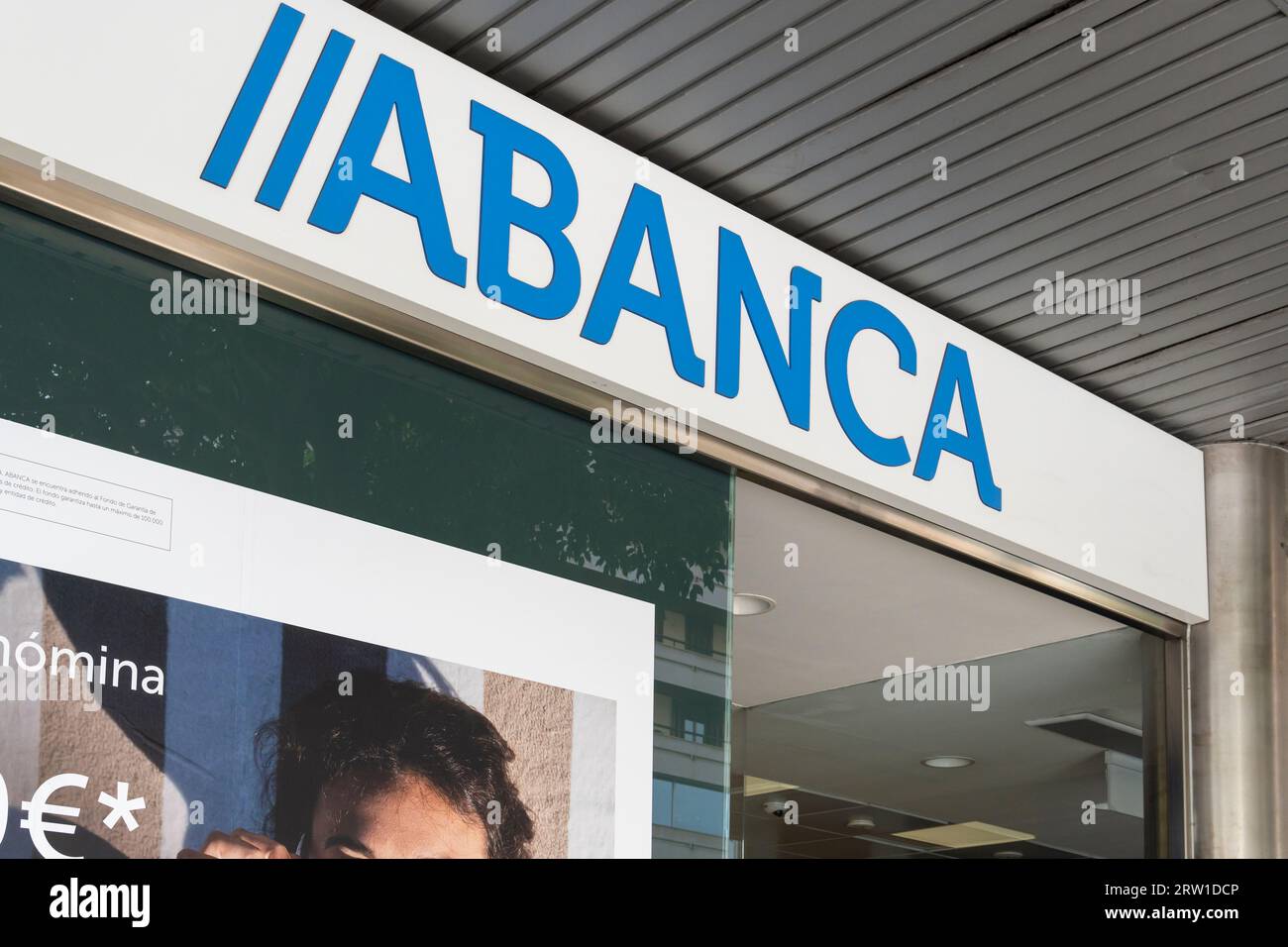 Palma de Mallorca, Spain; august 10 2023: Main facade of a bank branch of the Spanish company Abanca. Palma de Mallorca, Spain Stock Photo