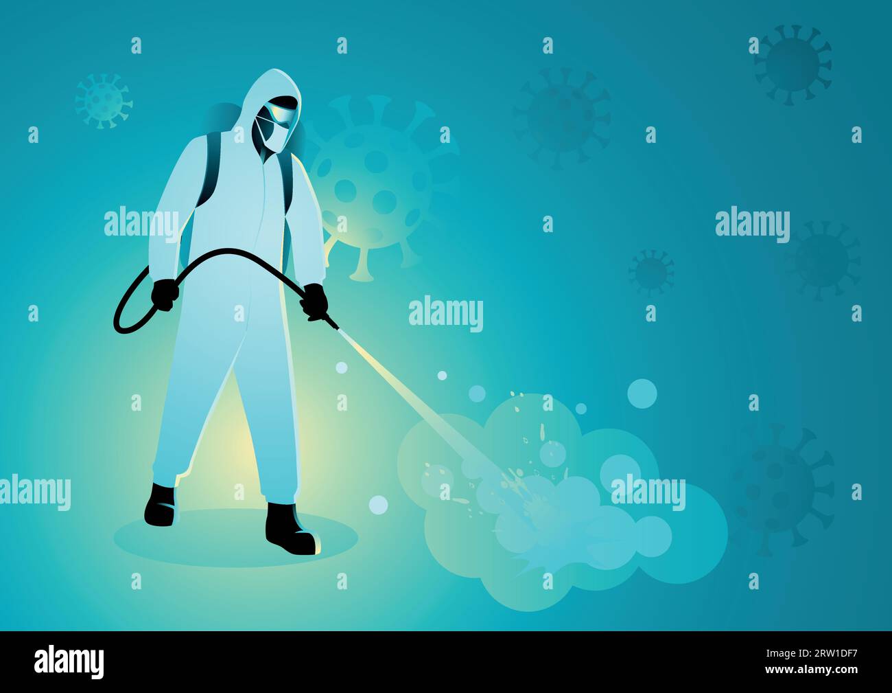Vector illustration of a man in protective suit spraying disinfectant