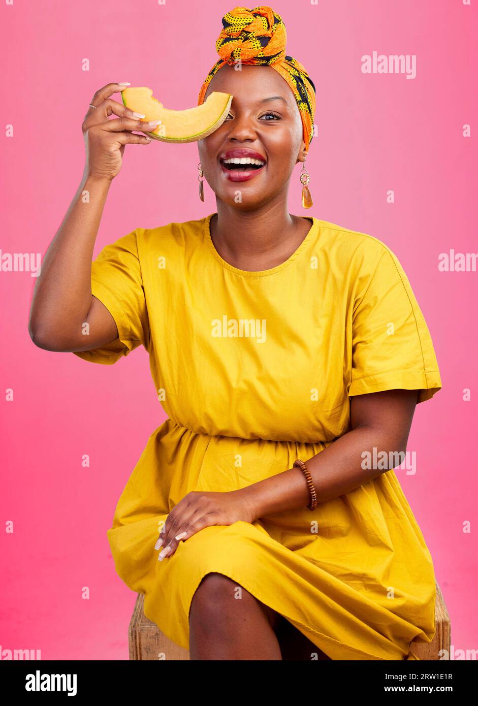 Melon, portrait and black woman in studio with diet, advice or lose