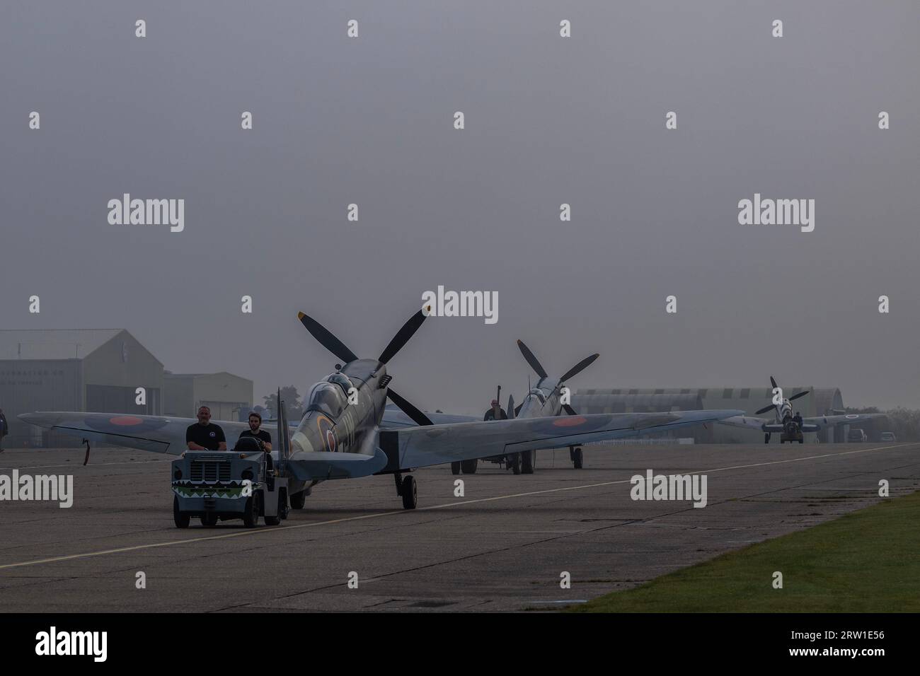 Duxford, UK. 16th Sep, 2023. Spitfires are brought out on to the flightline in the dawn mist - The Duxford Battle of Britain Air Show at the Imperial War Museum (IWM) Duxford. Credit: Guy Bell/Alamy Live News Stock Photo