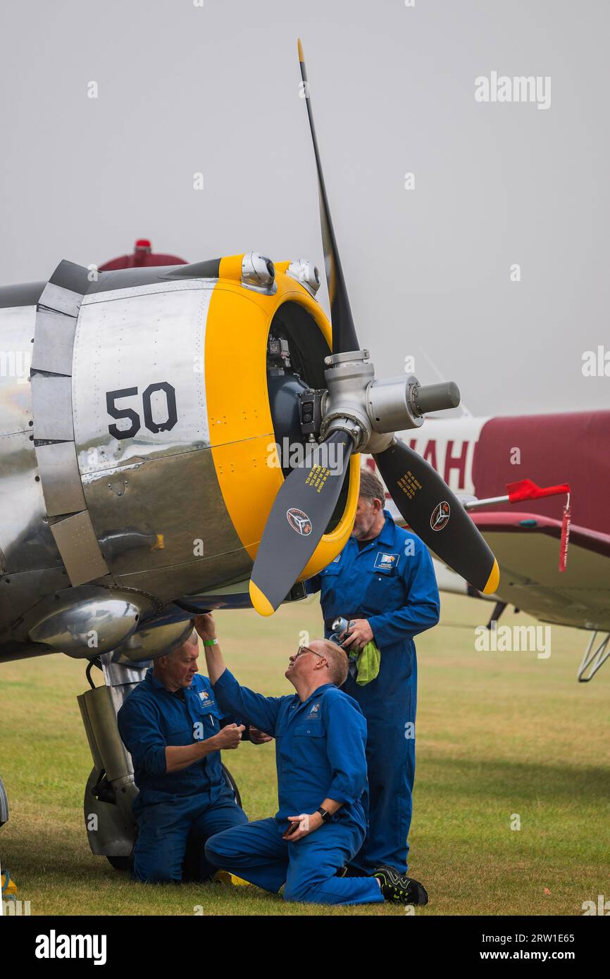 Duxford, UK. 16th Sep, 2023. A Curtis P-36c gets final checks - The Duxford Battle of Britain Air Show at the Imperial War Museum (IWM) Duxford. Credit: Guy Bell/Alamy Live News Stock Photo