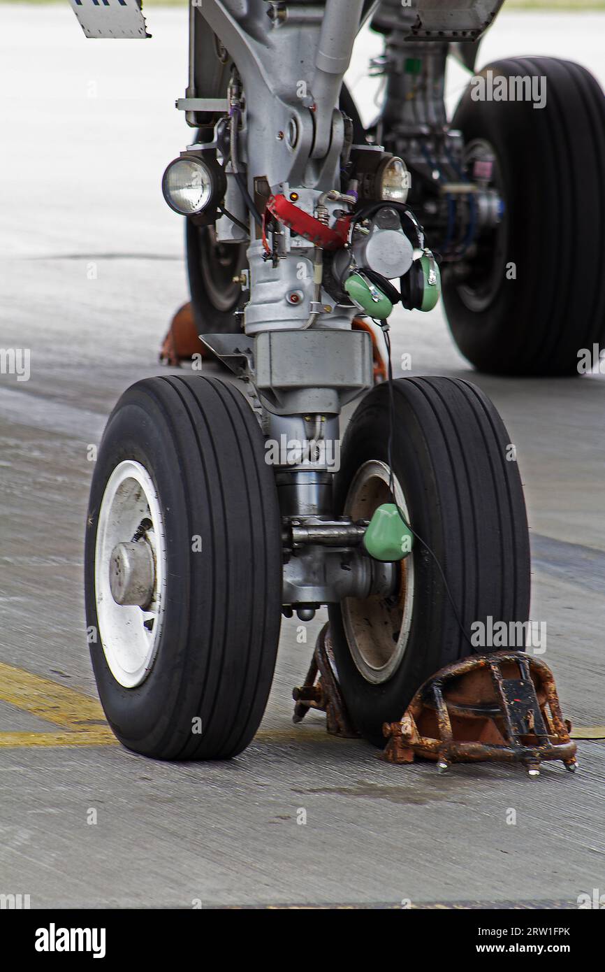 Aircraft landing gear and iron support shoes. Wheels tires tires
