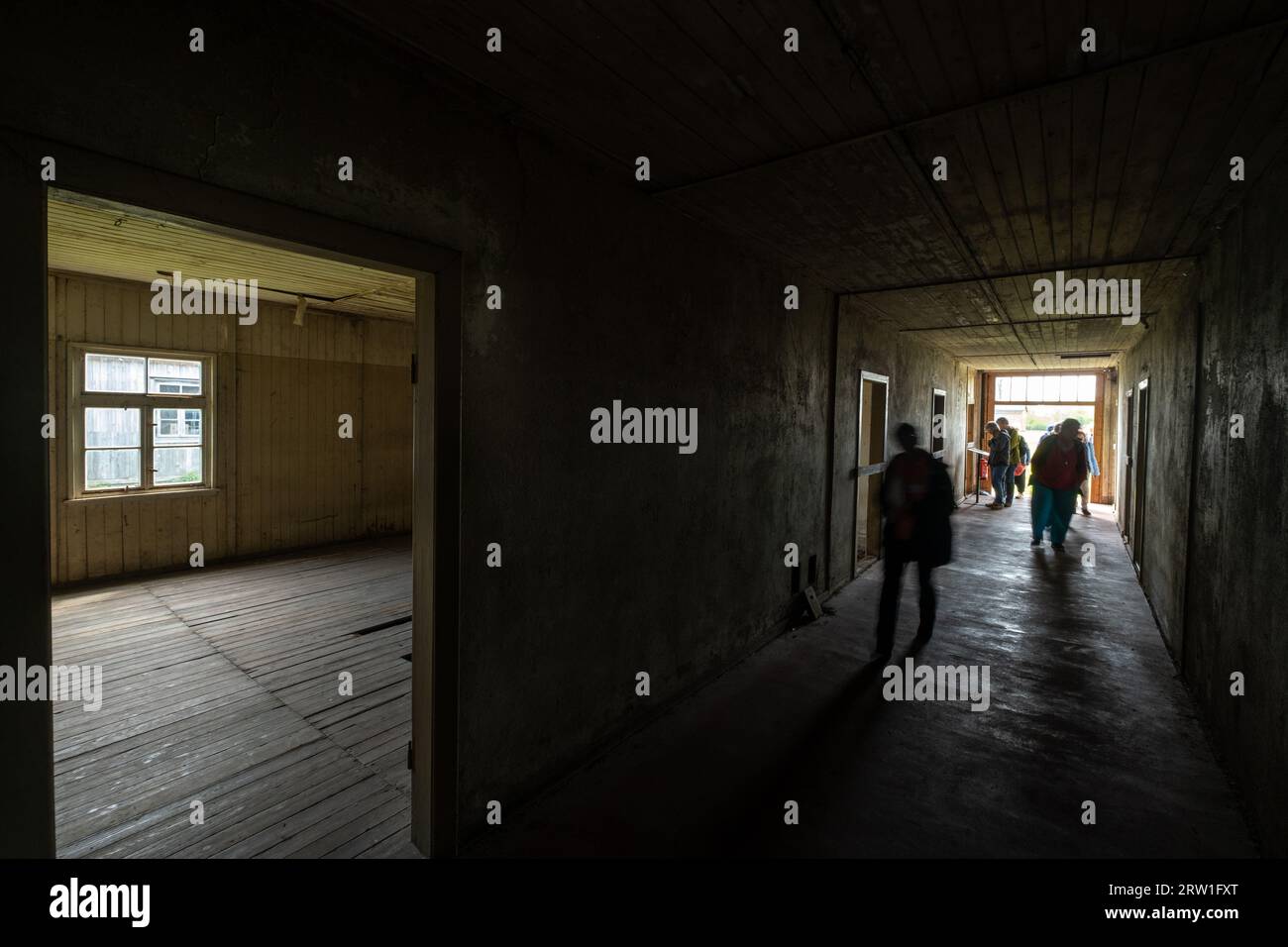 23.04.2023, Germany, Lower Saxony, Sandbostel - In a wooden barrack of the Sandbostel camp memorial (former prisoner of war camp Stalag X B Sandbostel Stock Photo