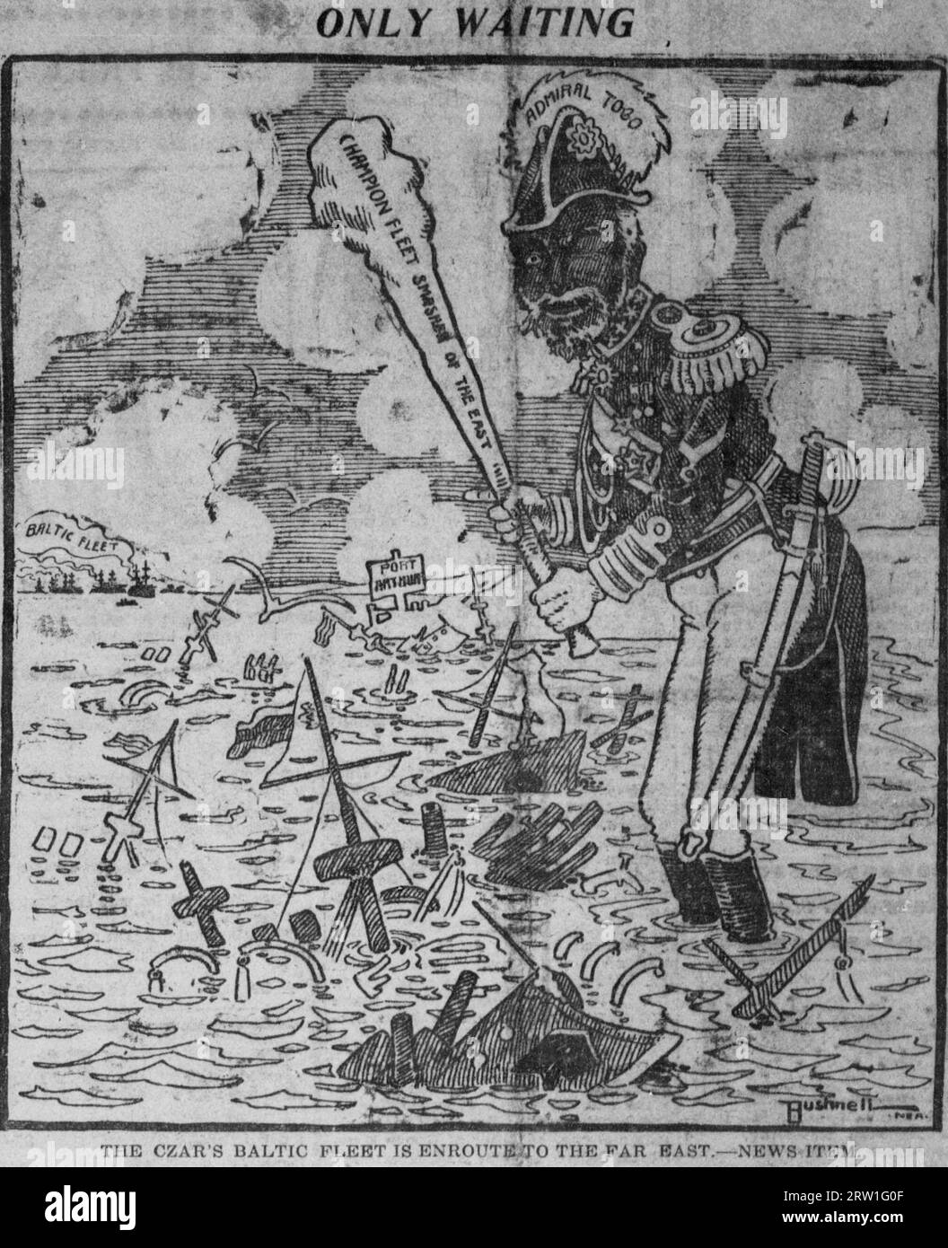 Tōgō Heihachirō (personifying the Imperial Japanese Navy) stands at Port Arthur among the wreckage of the Pacific Fleet, wielding his club; off in the distance, the Baltic Fleet approaches. Stock Photo