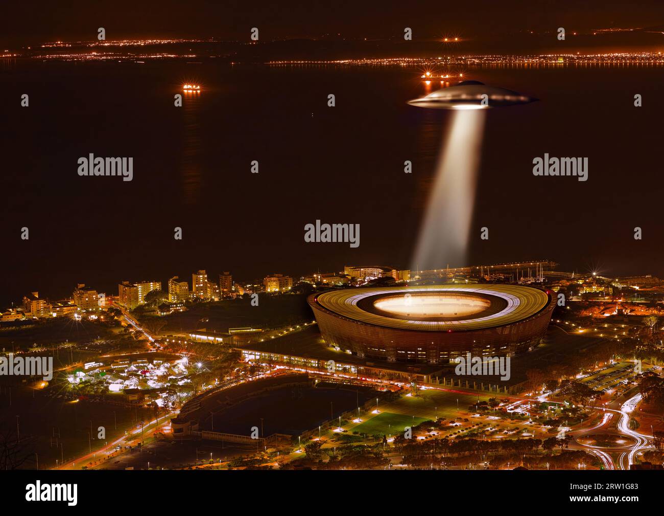 UFO, lights and city in night, buildings and alien invasion for search, stadium or Cape Town. UAP spaceship, flying saucer or tractor beam in dark Stock Photo