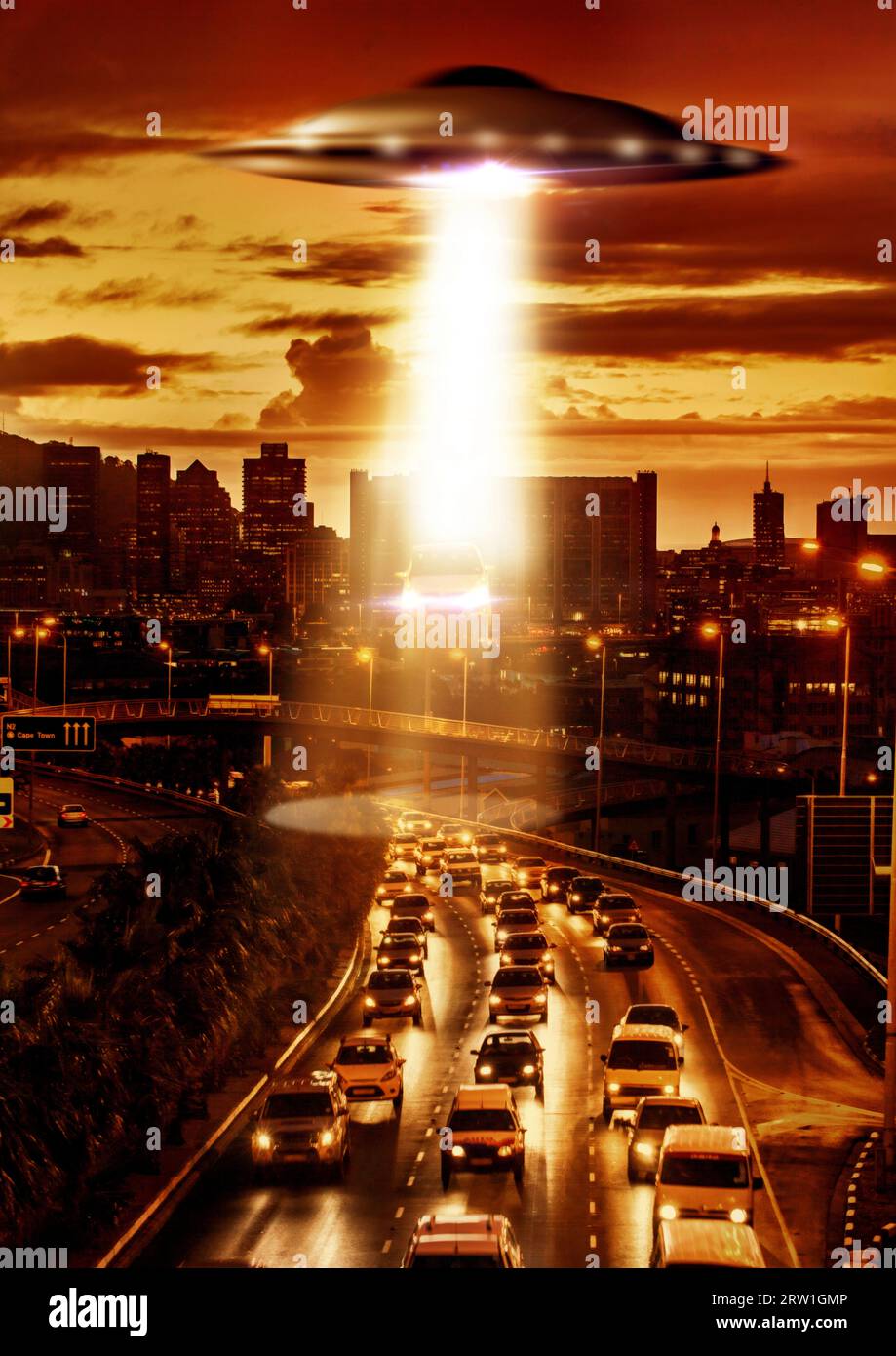 UFO, alien spaceship and city in street, traffic and tractor beam for search, transport and Cape Town. UAP ship, flying saucer and lights in dark Stock Photo