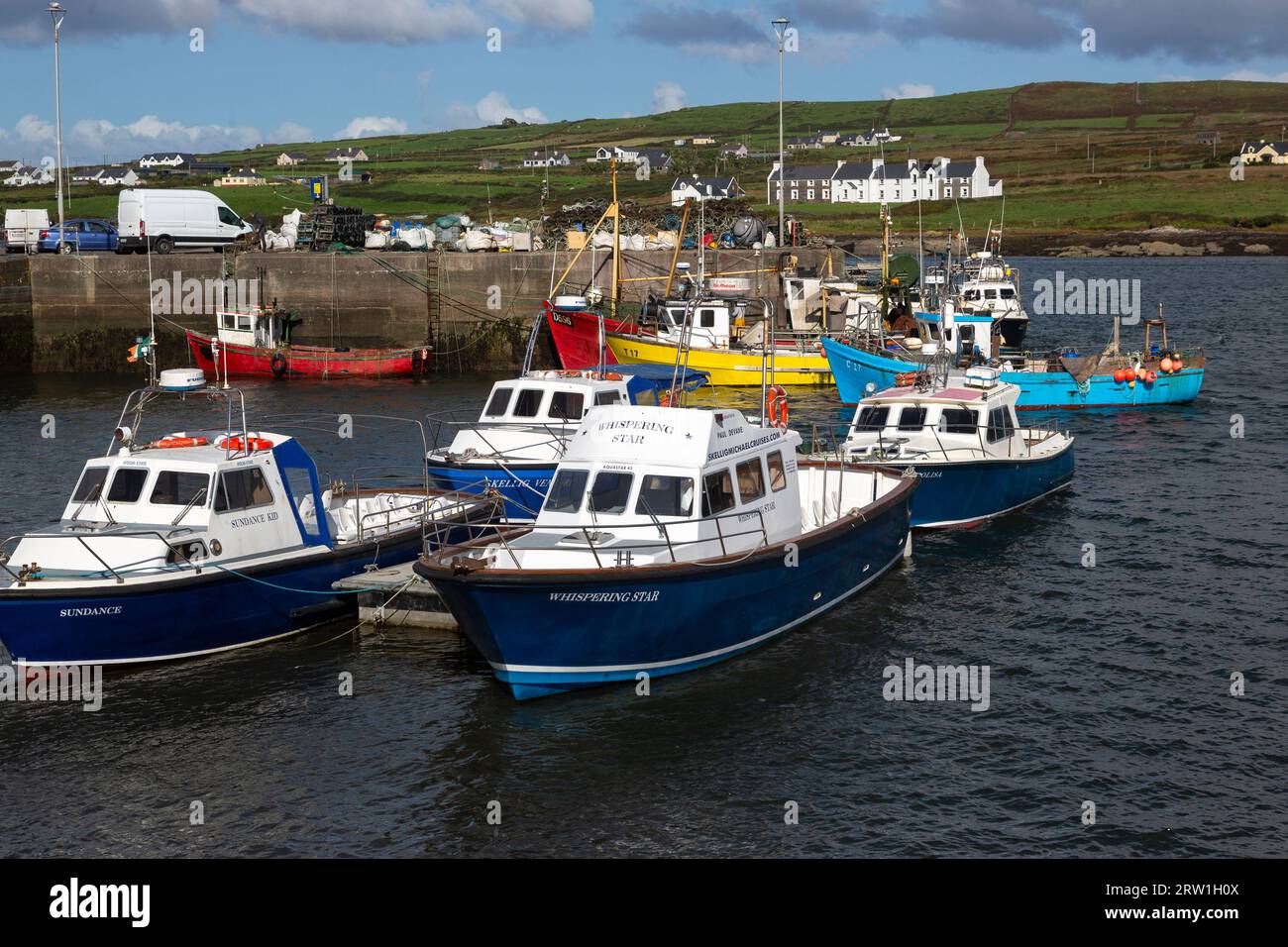 Skellig Michael Tourist boats moored at Portmagee, County Kerry, Ireland Stock Photo