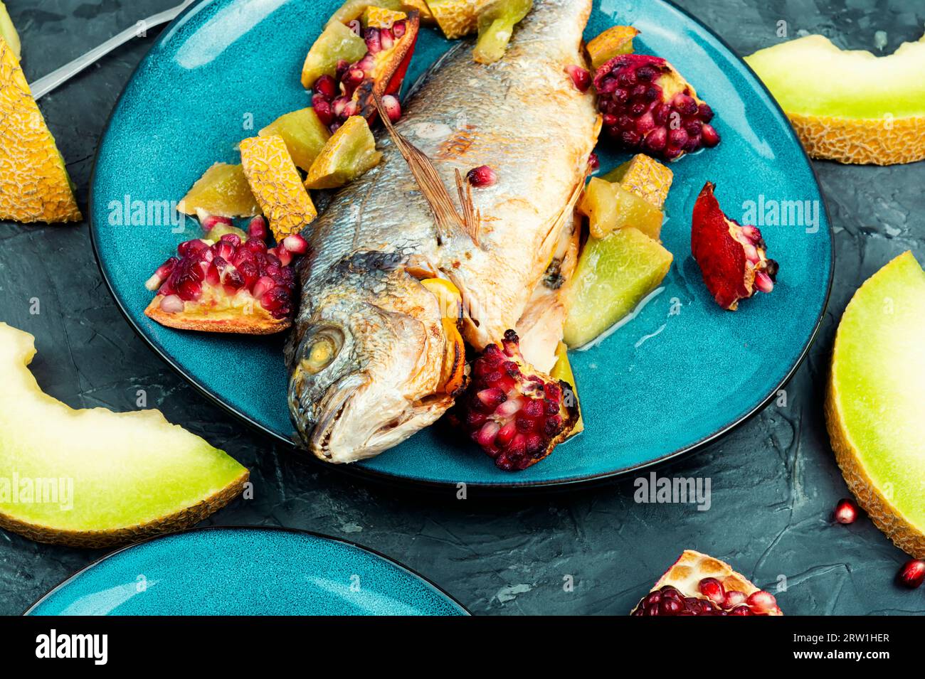 Baked Dorado Fish With Melon And Pomegranate Whole Grilled Fish On