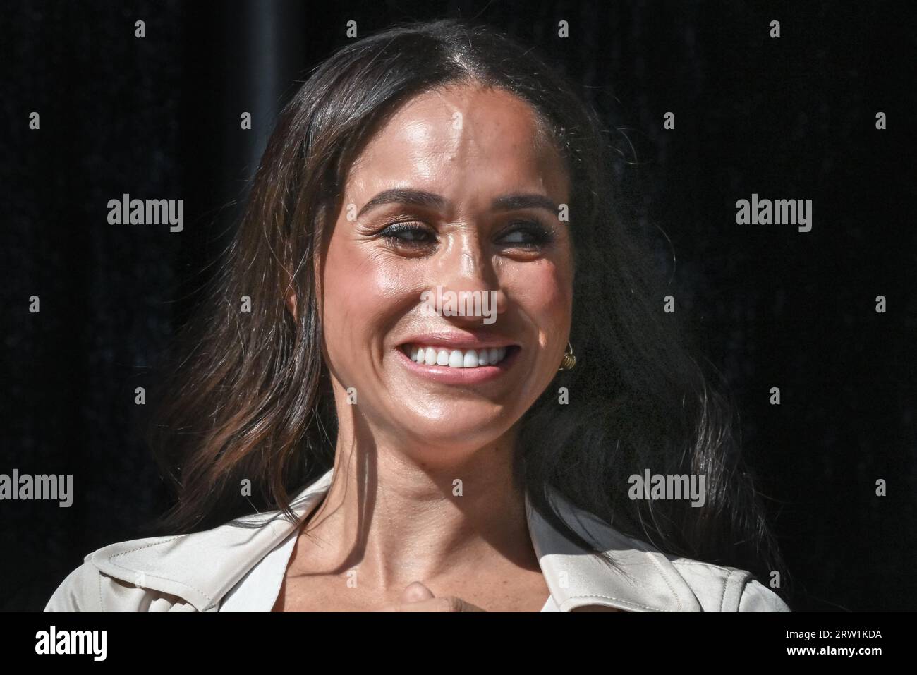 Düsseldorf, Germany. 16th Sep, 2023. Meghan, the Duchess of Sussex and Prince Harry, the Duke of Sussex attend the swimming medals ceremony on stage in the Invictus Village and hand out medals to several of the winners. Day 6 of the Invictus Games Düsseldorf in and around the Merkur Spiel Arena. 21 nations participate in the games this year. Credit: Imageplotter/Alamy Live News Stock Photo