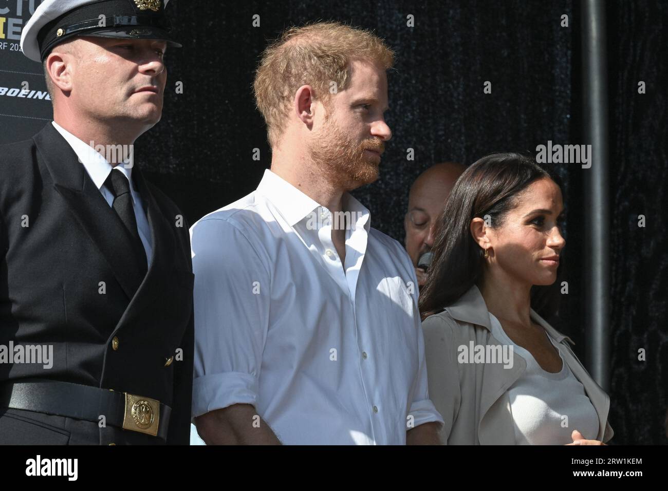 Düsseldorf, Germany. 16th Sep, 2023. Meghan, the Duchess of Sussex and Prince Harry, the Duke of Sussex attend the swimming medals ceremony on stage in the Invictus Village and hand out medals to several of the winners. Day 6 of the Invictus Games Düsseldorf in and around the Merkur Spiel Arena. 21 nations participate in the games this year. Credit: Imageplotter/Alamy Live News Stock Photo