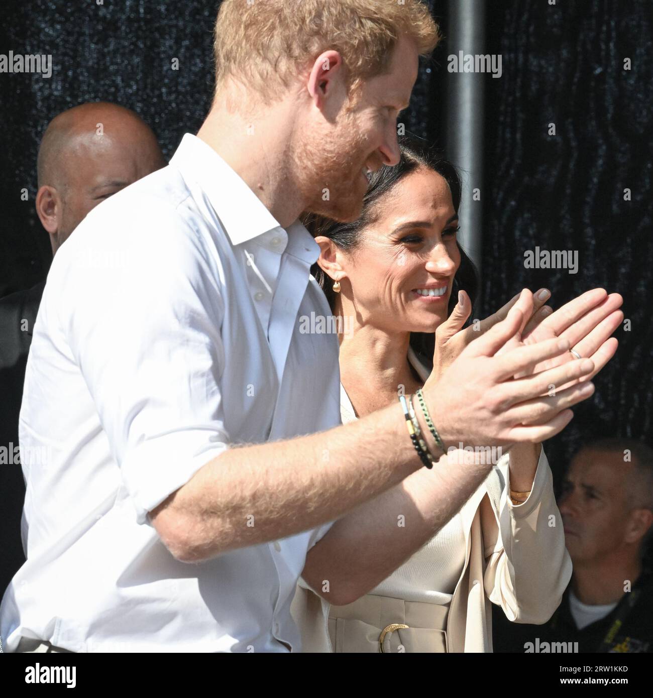 Düsseldorf, Germany. 16th Sep, 2023. Meghan, the Duchess of Sussex and Prince Harry, the Duke of Sussex attend the swimming medals ceremony on stage in the Invictus Village and hand out medals to several of the winners. Day 6 of the Invictus Games Düsseldorf in and around the Merkur Spiel Arena. 21 nations participate in the games this year. Credit: Imageplotter/Alamy Live News Stock Photo