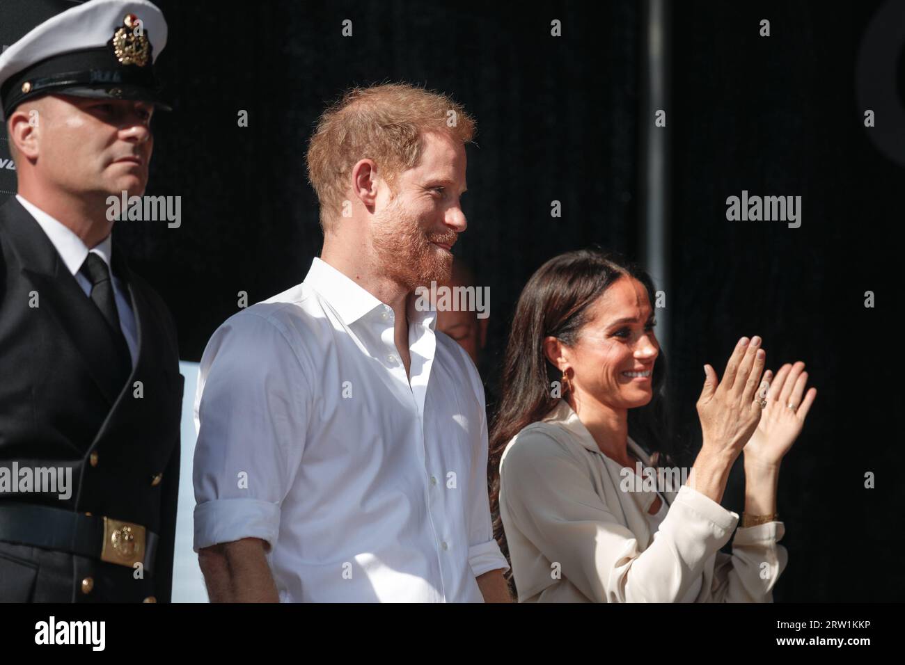 Düsseldorf, Germany. 16th Sep, 2023. Meghan, the Duchess of Sussex and Prince Harry, the Duke of Sussex attend the swimming medals ceremony on stage in the Invictus Village and hand out medals to several of the winners. Day 6 of the Invictus Games Düsseldorf in and around the Merkur Spiel Arena. 21 nations participate in the games this year. Credit: Imageplotter/Alamy Live News Stock Photo