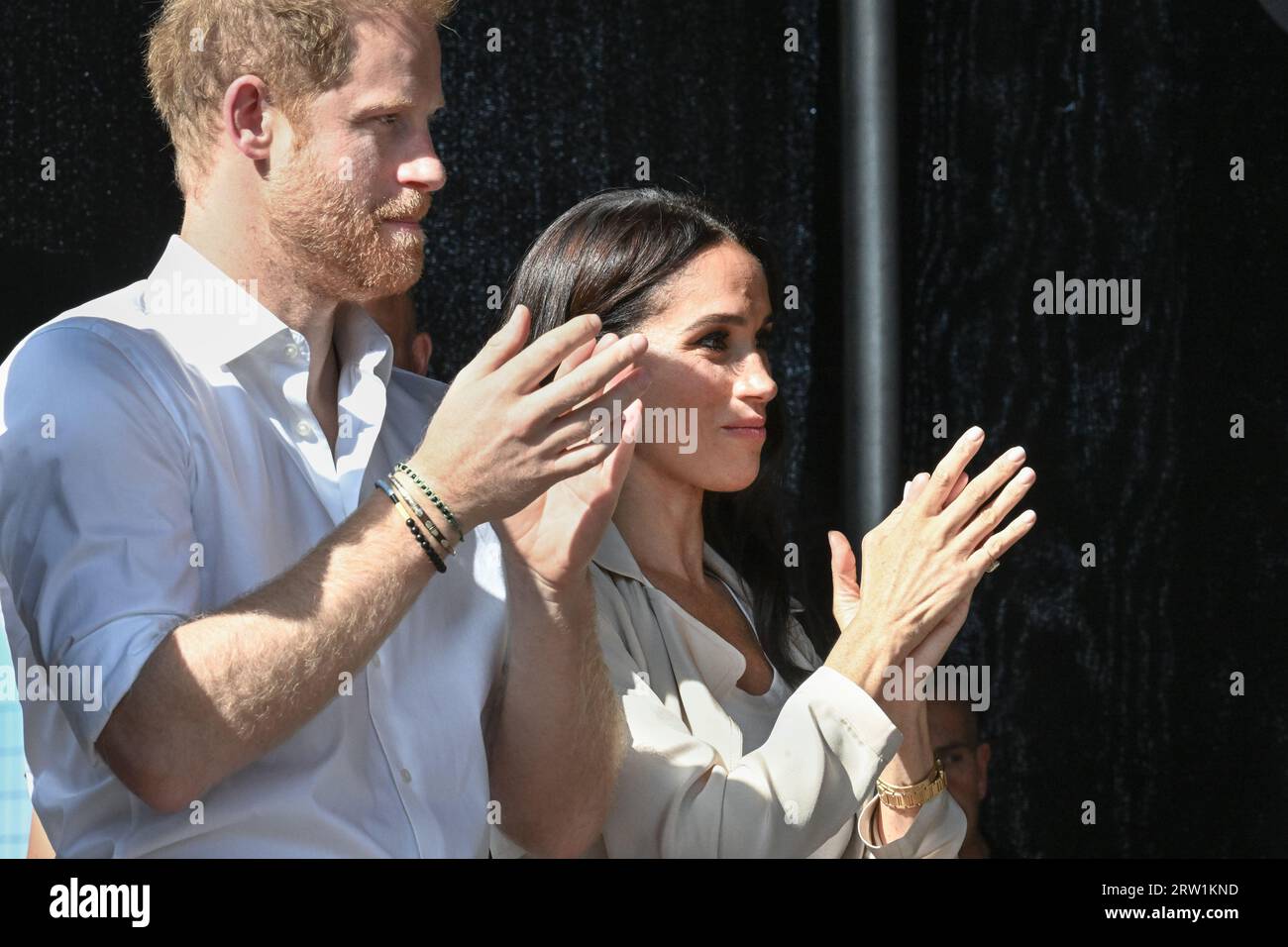 Düsseldorf, Germany. 16th Sep, 2023. Meghan, the Duchess of Sussex and Prince Harry, the Duke of Sussex attend the swimming medals ceremony on stage in the Invictus Village and hand out medals to several of the winners. Day 6 of the Invictus Games Düsseldorf in and around the Merkur Spiel Arena. 21 nations participate in the games this year. Credit: Imageplotter/Alamy Live News Stock Photo