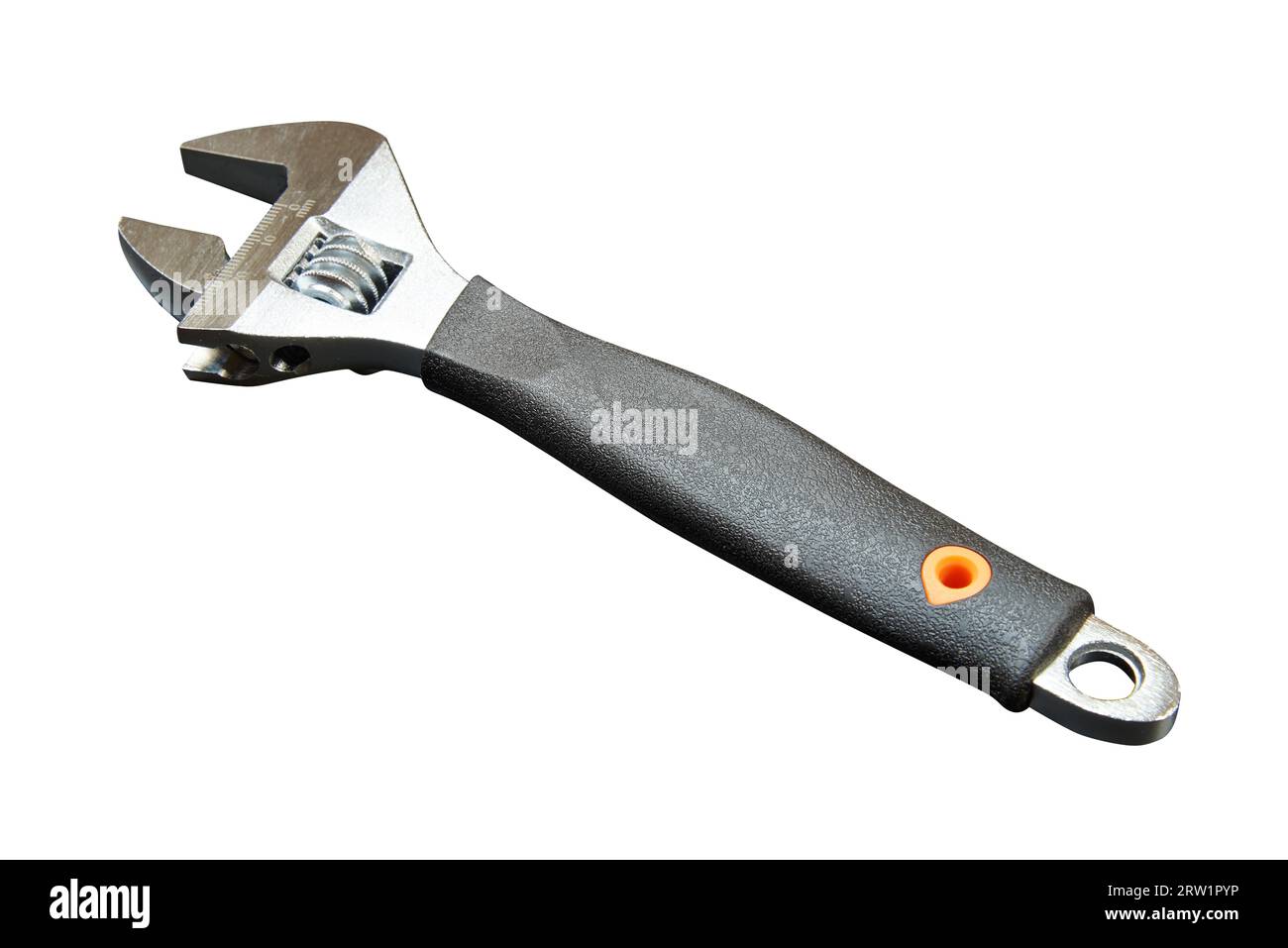Adjustable wrench with measuring tool Isolated on white background Stock Photo