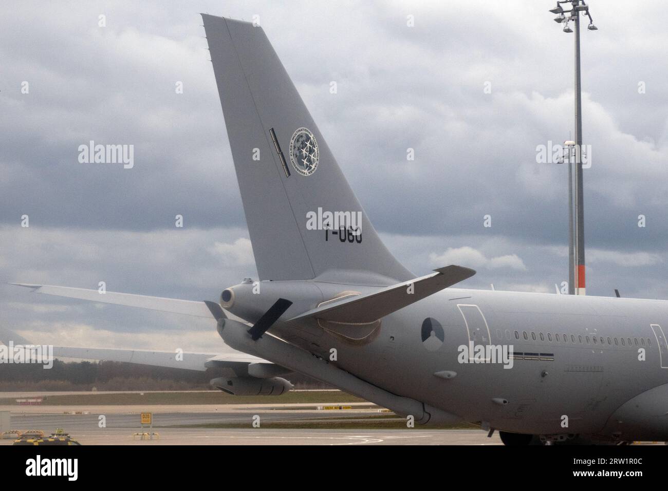 26.03.2023, Germany, Brandenburg, Schoenefeld - Tail of an Airbus A330 Multi-Role Tanker Transport Aircraft of NATO. 00S230326D354CAROEX.JPG [MODEL RE Stock Photo