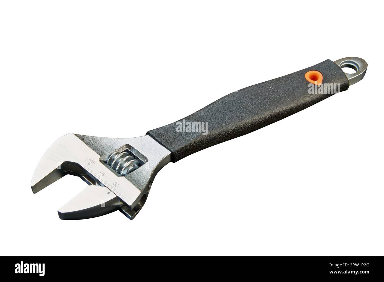 Adjustable wrench with measuring tool Isolated on white background Stock Photo