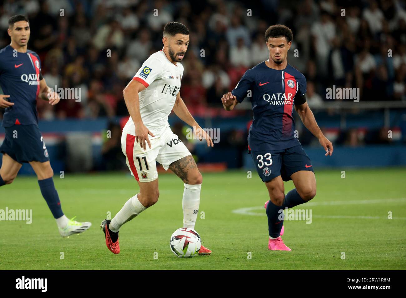 Paris, France. 15th Sep, 2023. Morgan Sanson of Nice, Warren Zaire-Emery of  PSG during the French championship Ligue 1 football match between Paris  Saint-Germain and OGC Nice on September 15, 2023 at