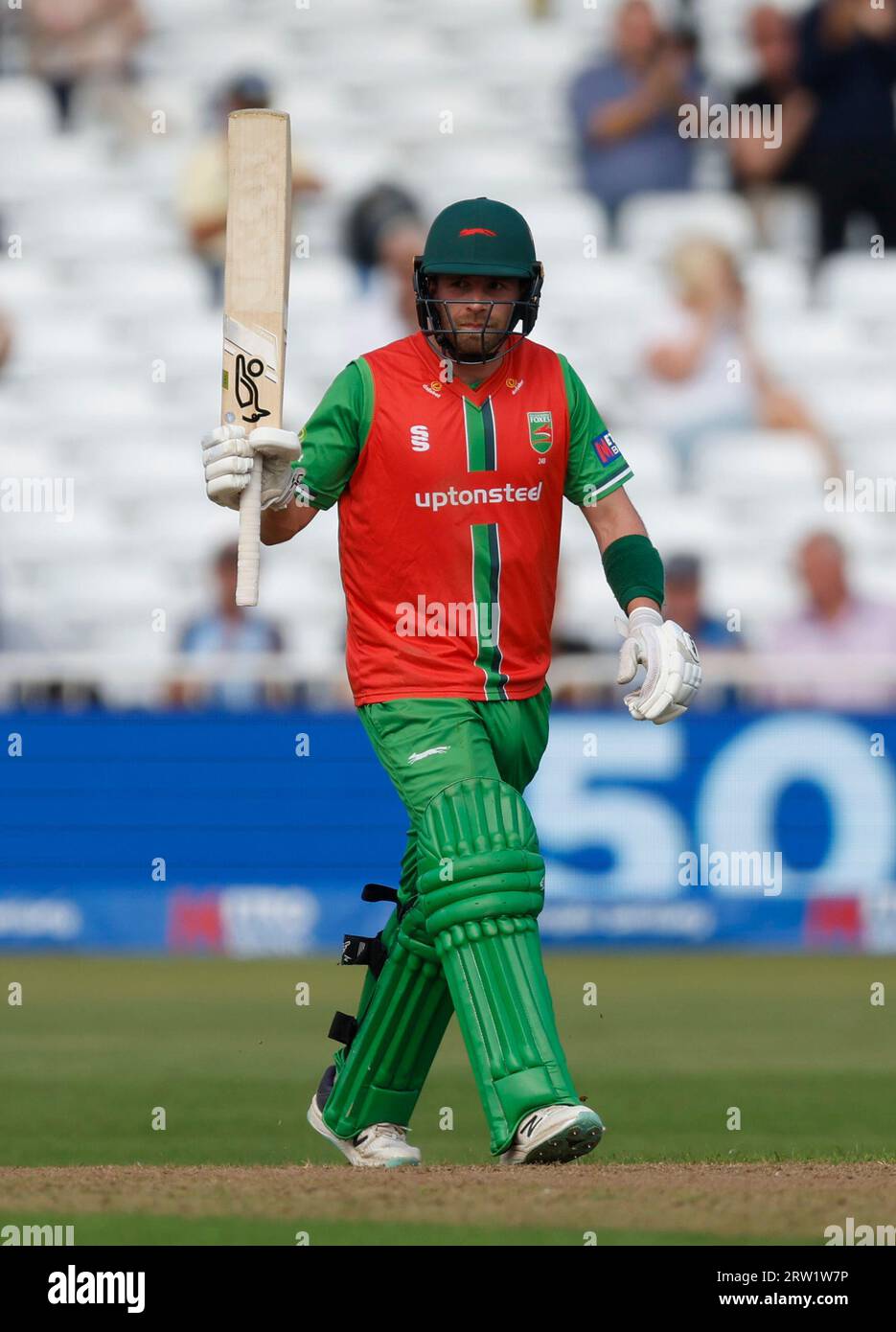 Leicestershire’s Sam Evans reaches his half century during the Metro Bank OneDay Cup Final at