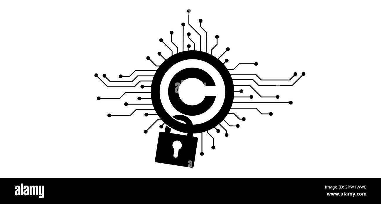 Cartoon copyright or C letter and padlock. right of first publication. Copy right symbol. world copyright day. concept of legal education or training. Stock Photo
