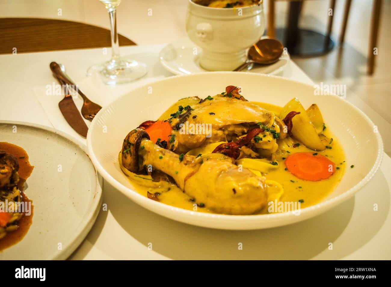 Chicken Vin Blanc Free range chicken leg, tarragon, maitake mushroom