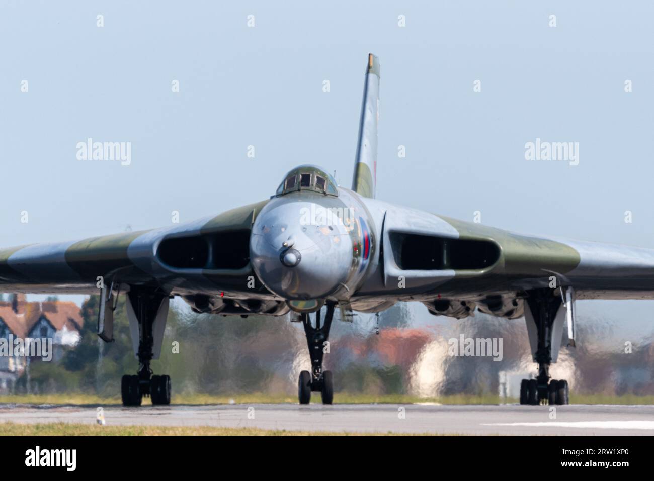 London Southend Airport, Essex, UK. 16th Sep, 2023. A former RAF Cold War Avro Vulcan B2 jet bomber has been run down the runway at London Southend Airport for a special event. The aircraft, serial number XL426, first flew in 1962 & served with the RAF until 1986. It has since been restored to ground running condition by the Vulcan Restoration Trust charity which is entirely public donation funded. A limited number of paying guests viewed from inside the airport. The Trust's operation and engineering teams are all volunteers Stock Photo