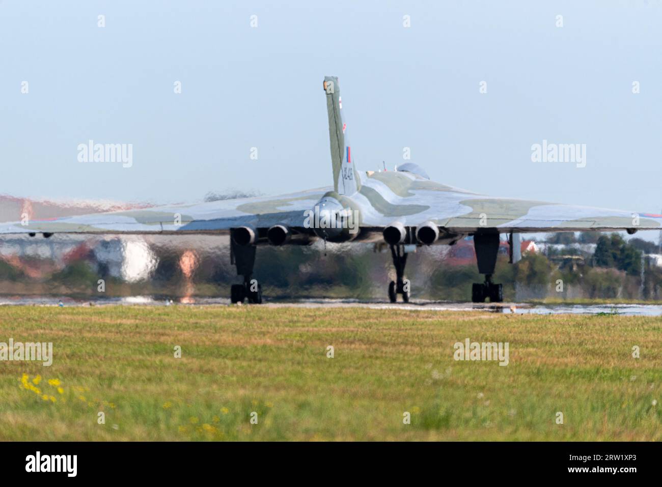 London Southend Airport, Essex, UK. 16th Sep, 2023. A former RAF Cold War Avro Vulcan B2 jet bomber has been run down the runway at London Southend Airport for a special event. The aircraft, serial number XL426, first flew in 1962 & served with the RAF until 1986. It has since been restored to ground running condition by the Vulcan Restoration Trust charity which is entirely public donation funded. A limited number of paying guests viewed from inside the airport. The Trust's operation and engineering teams are all volunteers Stock Photo