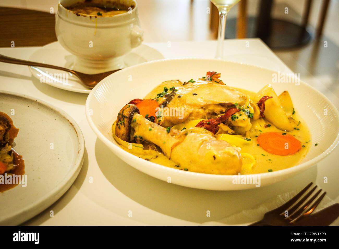 Chicken Vin Blanc Free range chicken leg, tarragon, maitake mushroom