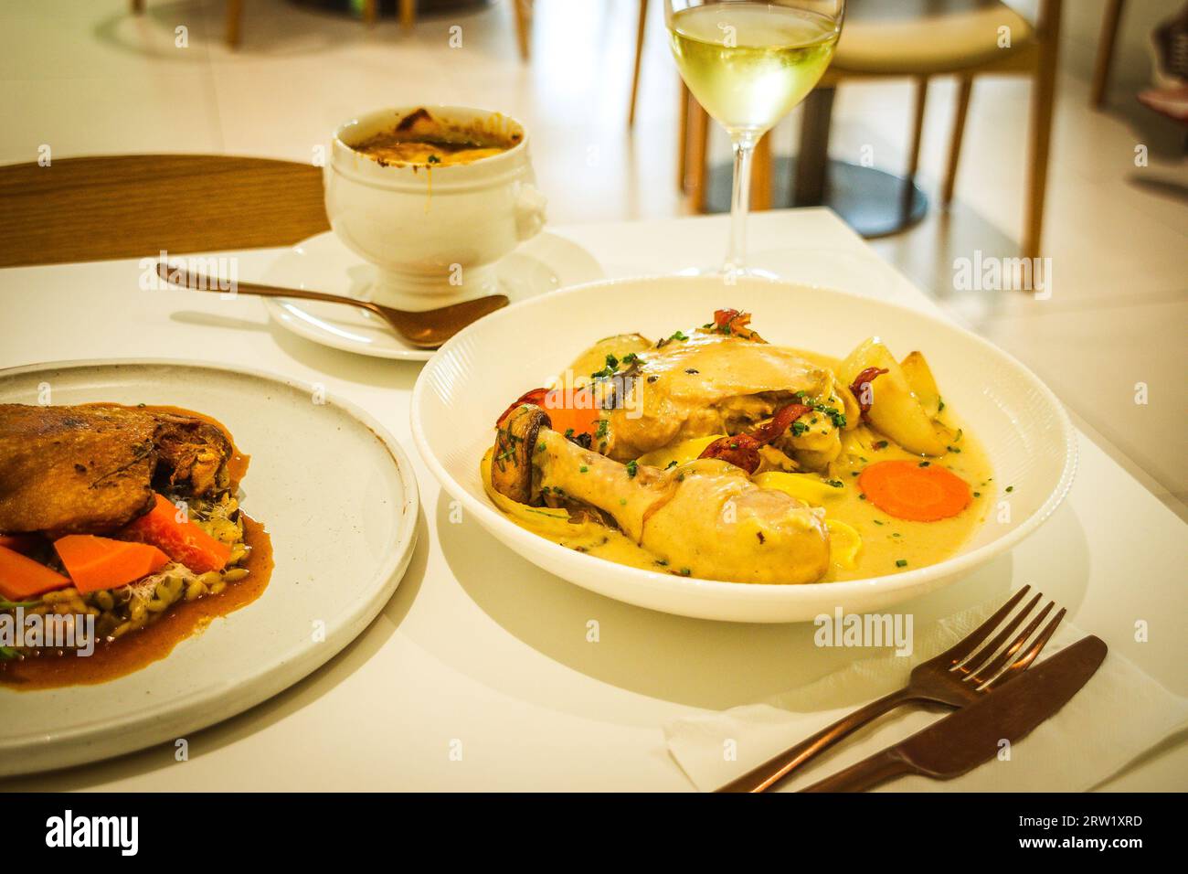 Chicken Vin Blanc Free range chicken leg, tarragon, maitake mushroom